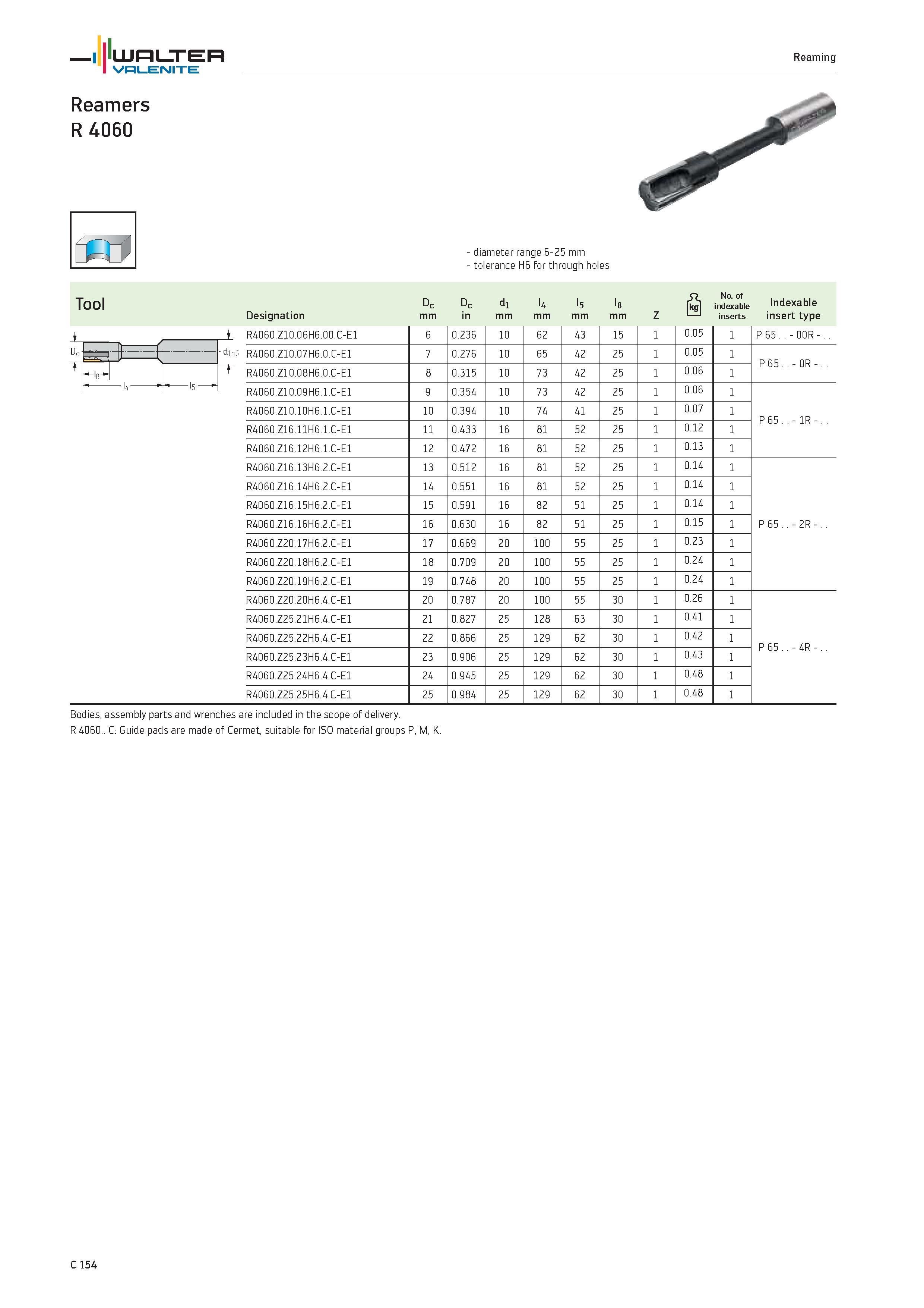 1056 WALTER Valenite Reaming Reamers R 4060 diameter range 6-25 mm tolerance H6 for through holes Tool Designation Dc mm Dc in dl mm l4 mm l5 mm l8 mm Каталог WALTER 2012 Металлорежущий инструмент и инструментальная оснастка Valenite для станков и металлообрабатывающих комплексов Стр. C154