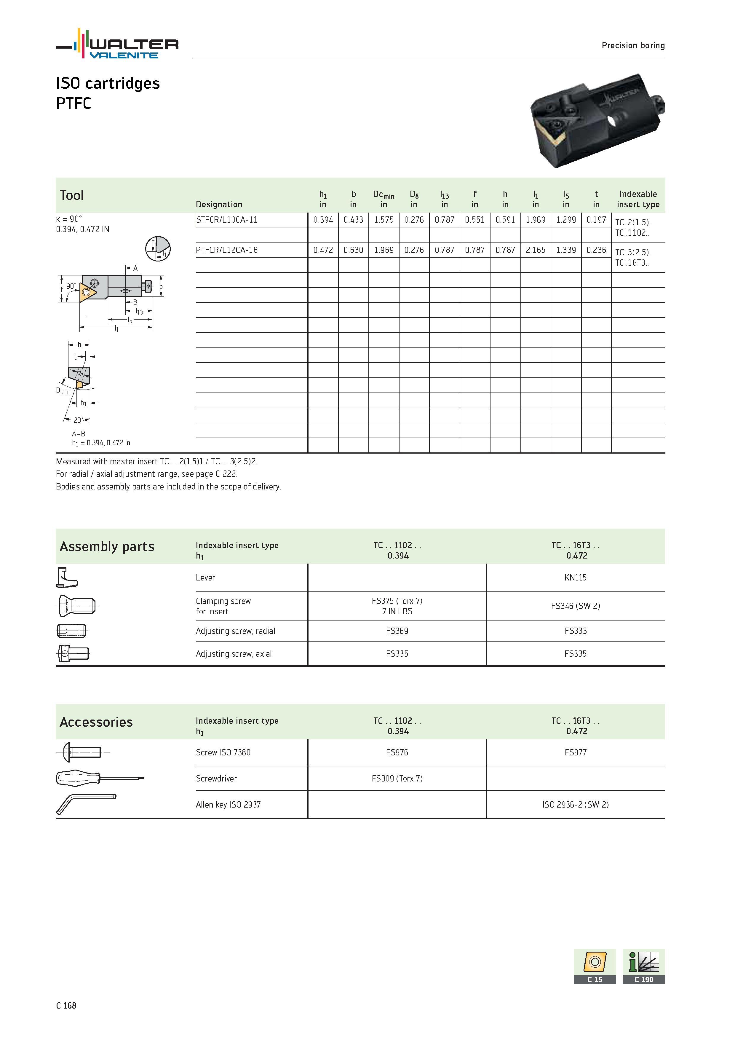 1070 WALTER Valenite Precision boring ISO cartridges PTFC K 90° 0 394, 0 472 IN -A f 90° Ir 10 it) b -B li3 A-B hi 0 394, 0 472 in Tool h1 b Dcmin D8 Каталог WALTER 2012 Металлорежущий инструмент и инструментальная оснастка Valenite для станков и металлообрабатывающих комплексов Стр. C168