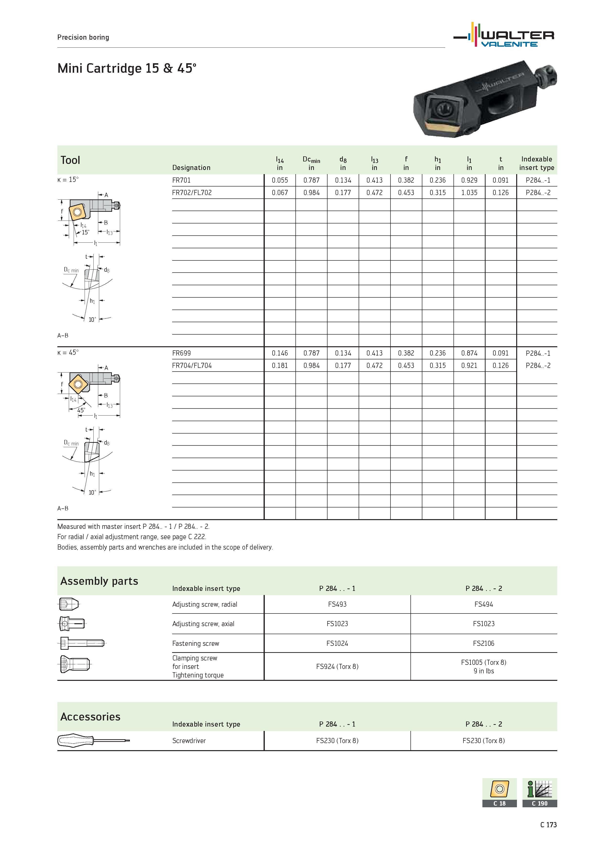 1075 Tool l14 Dcmin d8 l13 f h1 l1 t Indexable Designation in insert type K 15° min -dE /hi 10' FR701 0 055 0 787 0 134 0 413 0 382 0 236 0 929 0 091 Каталог WALTER 2012 Металлорежущий инструмент и инструментальная оснастка Valenite для станков и металлообрабатывающих комплексов Стр. C173