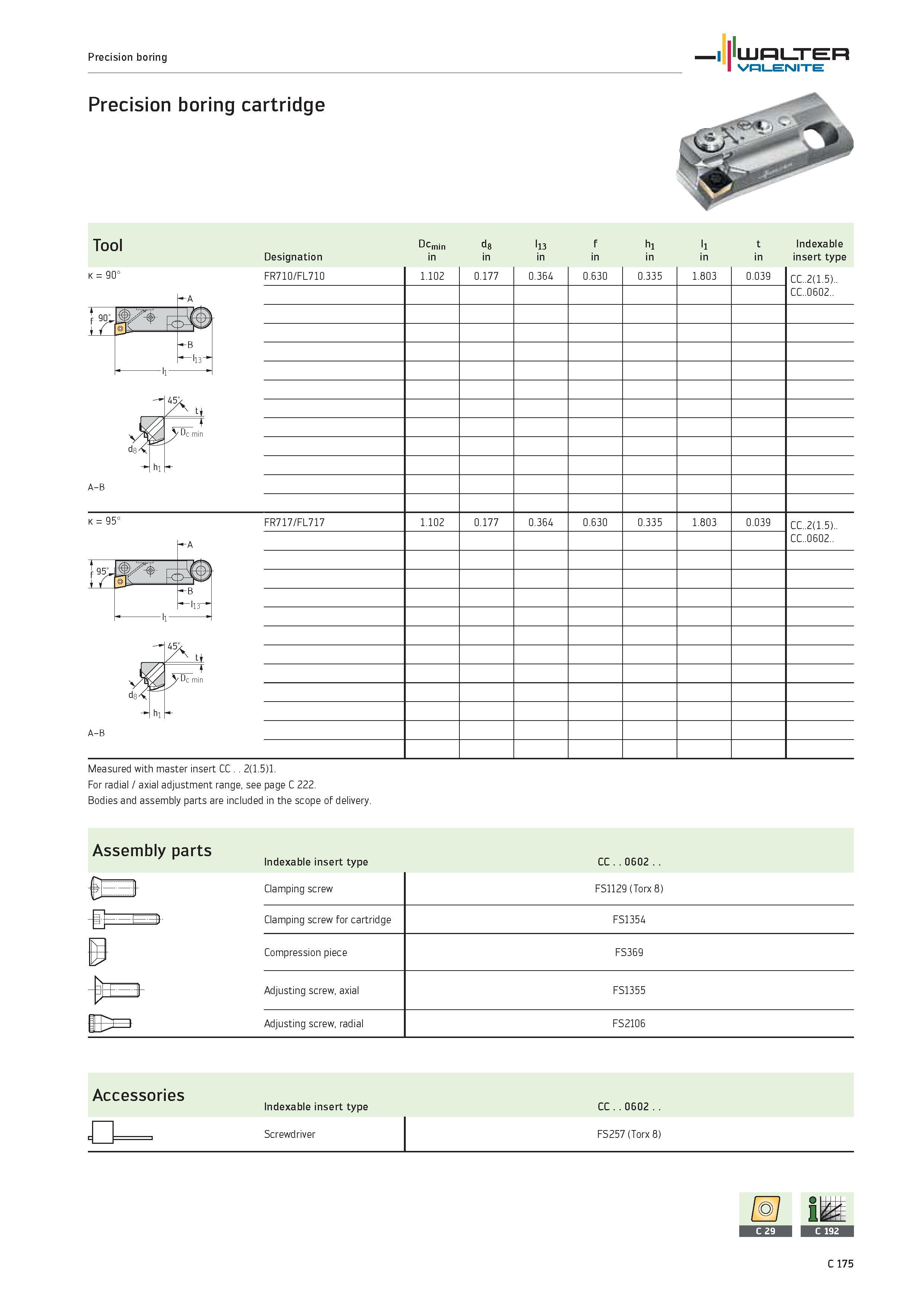 1077 Precision boring Precision boring cartridge WALTER Valenite Tool Dcmin d8 l13 f h1 l1 t Indexable Designation in insert type k 90° -A f 'f' Fc -B Каталог WALTER 2012 Металлорежущий инструмент и инструментальная оснастка Valenite для станков и металлообрабатывающих комплексов Стр. C175