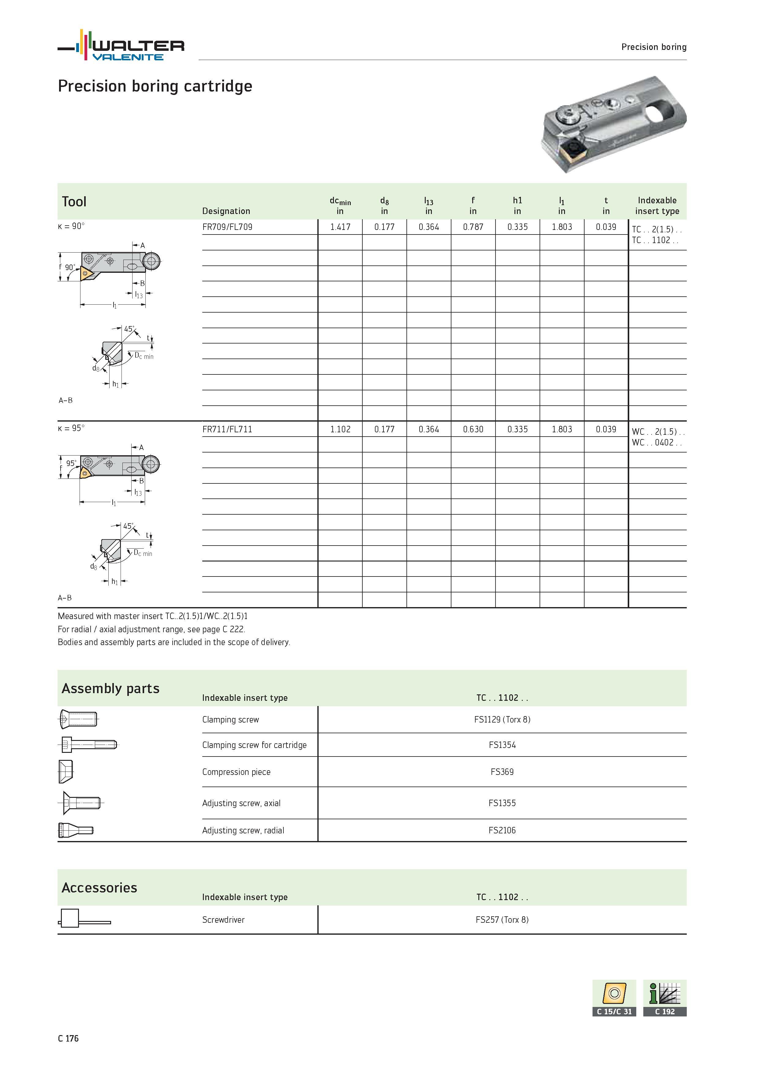 1078 WALTER Valenite Precision boring Precision boring cartridge Tool dcmin d8 l13 f h1 l1 t Indexable Designation in insert type K 90° FR709/FL709 -A Каталог WALTER 2012 Металлорежущий инструмент и инструментальная оснастка Valenite для станков и металлообрабатывающих комплексов Стр. C176