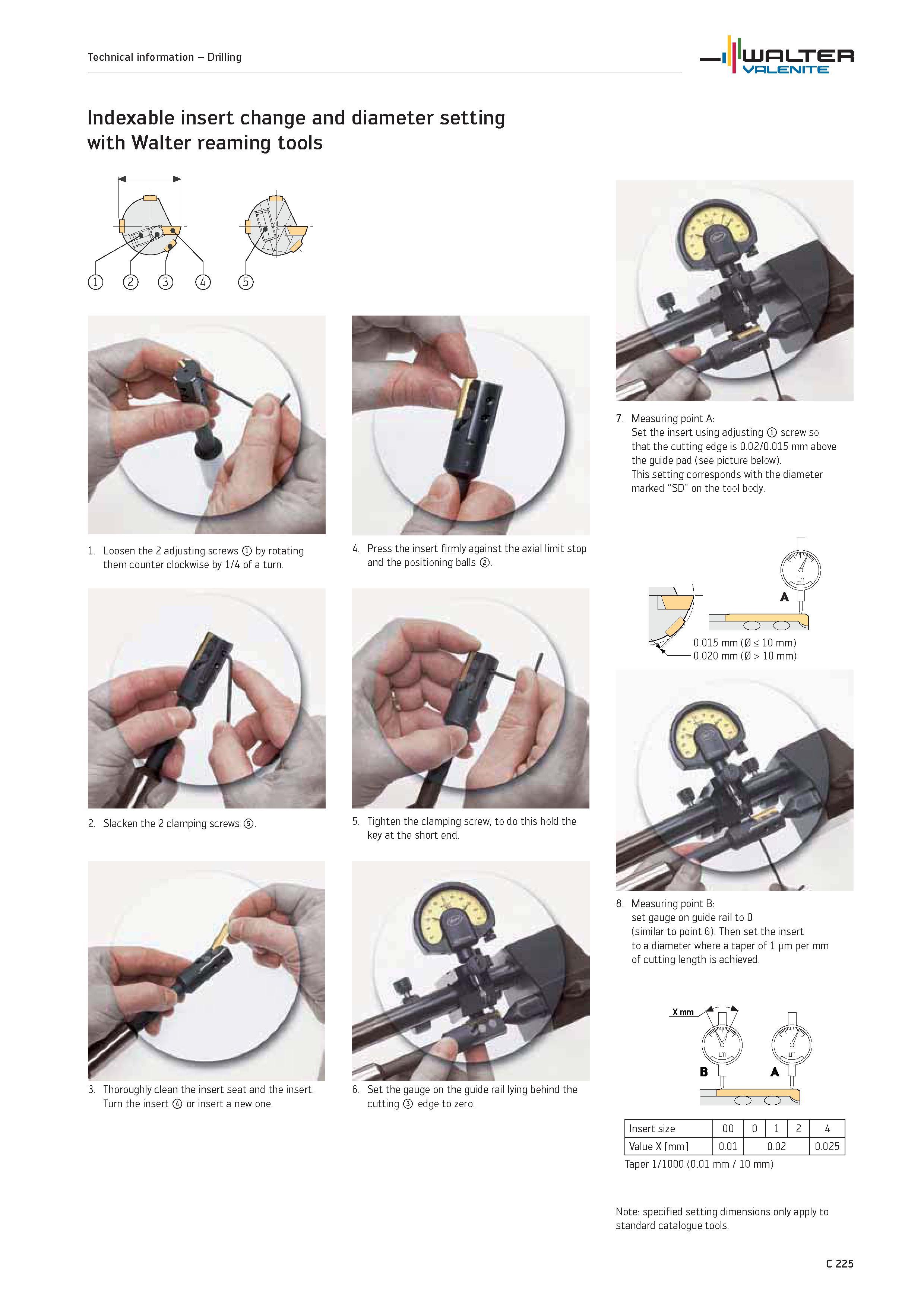 1127 Drilling Indexable insert change and diameter setting with Walter reaming tools 1 Loosen the 2 adjusting screws by rotating them counter clockwis Каталог WALTER 2012 Металлорежущий инструмент и инструментальная оснастка Valenite для станков и металлообрабатывающих комплексов Стр. C225