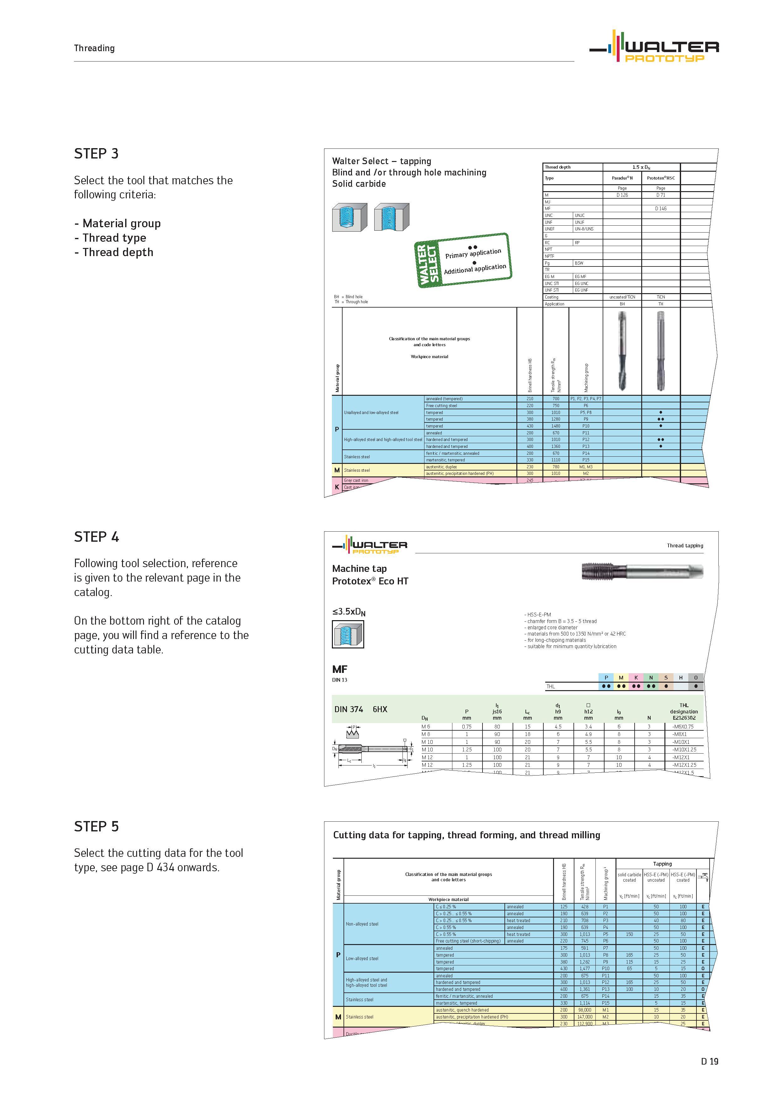 1147 Threading WALTER Prototyp STEP 3 Select the tool that matches the following criteria Material group Thread type Thread depth Walter Select tappin Каталог WALTER 2012 Металлорежущий инструмент и инструментальная оснастка Valenite для станков и металлообрабатывающих комплексов Стр. D19