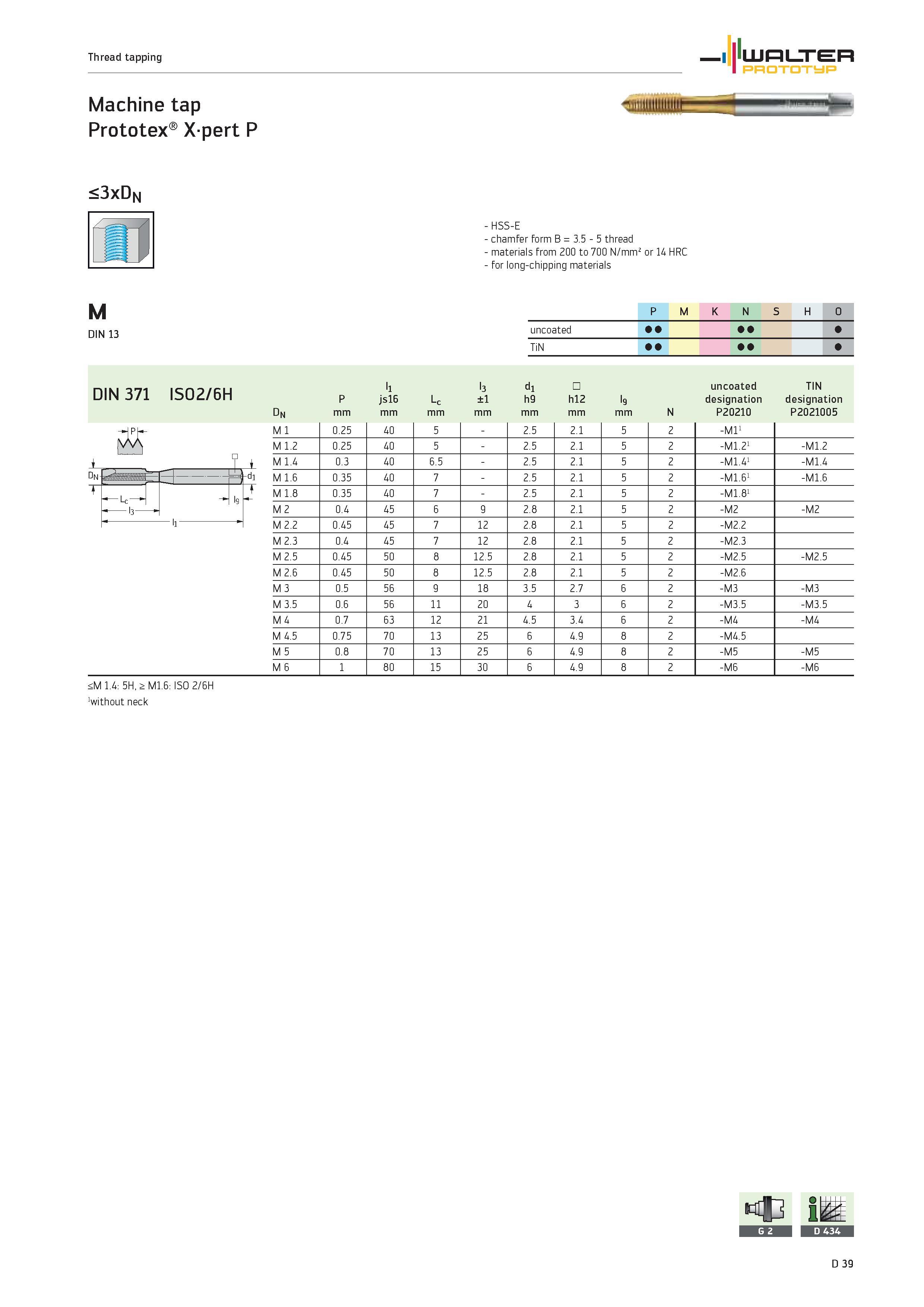 1167 Thread tapping Machine tap Prototex Xpert P <3xDn M DIN 13 DIN 371 ISO2/6H <M 1 4 5H, > M1 6 ISO 2/6H without neck LURLTTEH PROTOTYP W HSS-E cham Каталог WALTER 2012 Металлорежущий инструмент и инструментальная оснастка Valenite для станков и металлообрабатывающих комплексов Стр. D39