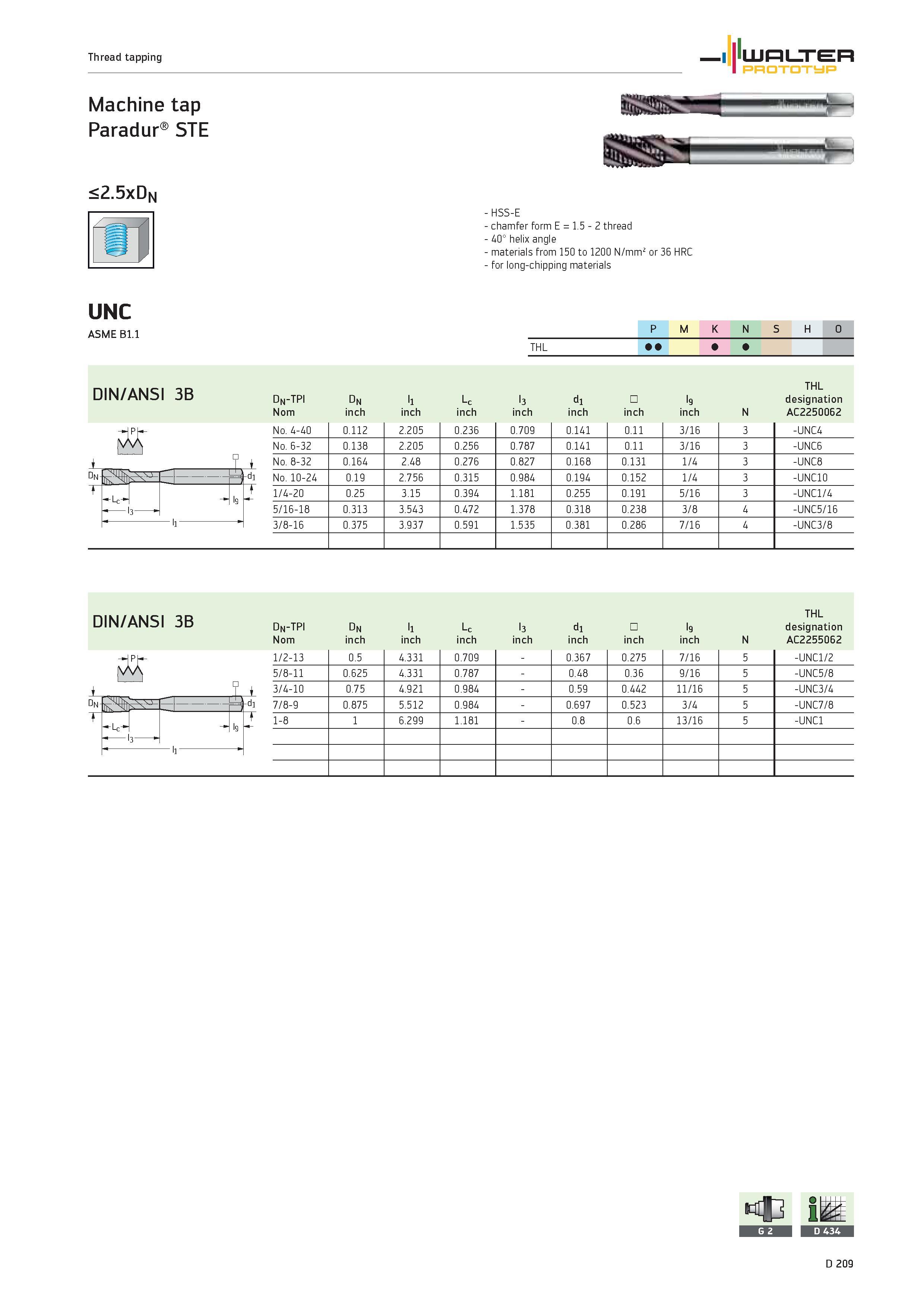 1337 Thread tapping 1 iLum n ER PROTOTYP Machine tap Paradur STE <2 5xDn HSS-E chamfer form E 1 5 2 thread 40° helix angle materials from 150 to 1200 Каталог WALTER 2012 Металлорежущий инструмент и инструментальная оснастка Valenite для станков и металлообрабатывающих комплексов Стр. D209