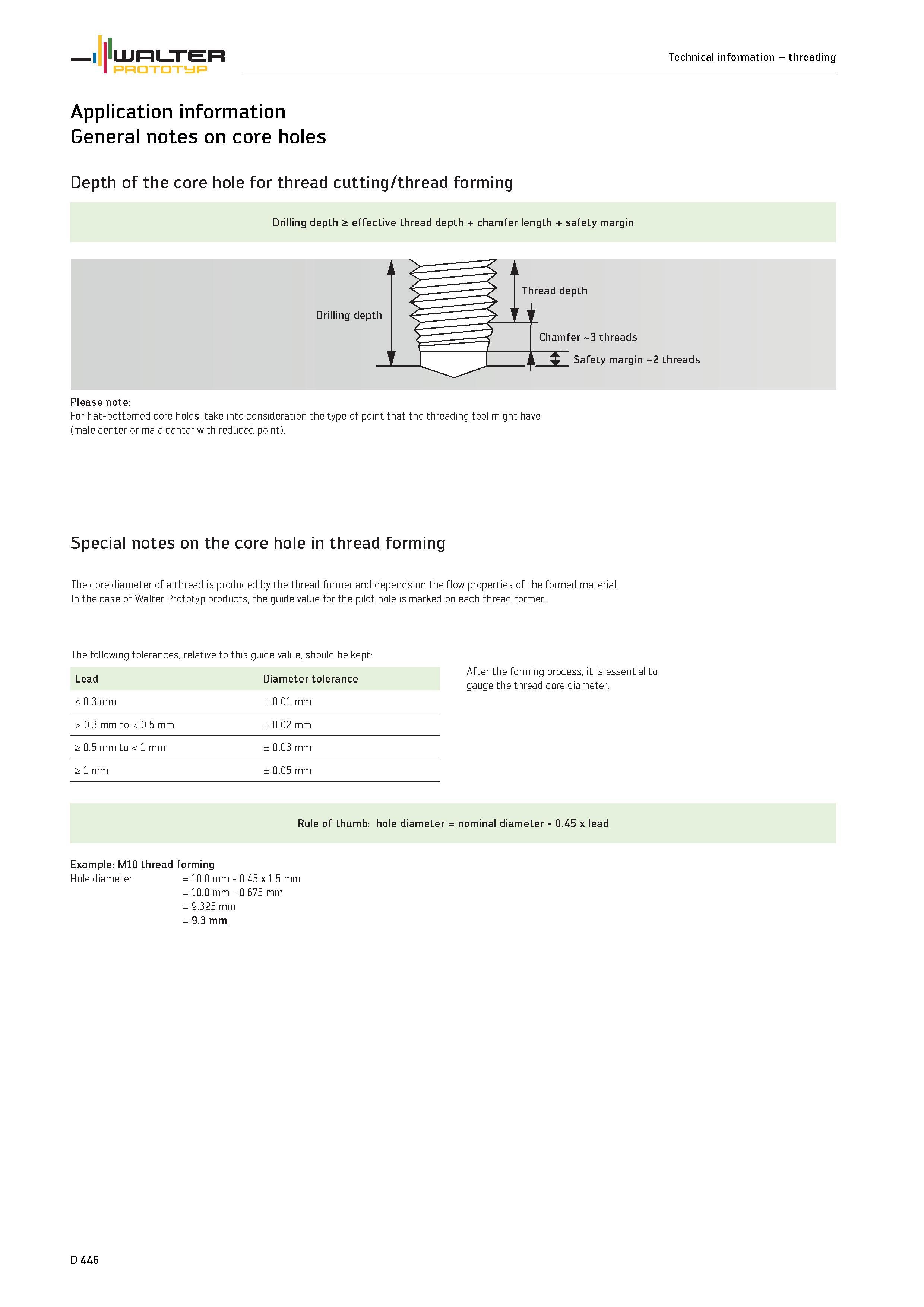 1574 General notes on core holes Depth of the core hole for thread cutting/thread forming Drilling depth > effective thread depth + chamfer length + s Каталог WALTER 2012 Металлорежущий инструмент и инструментальная оснастка Valenite для станков и металлообрабатывающих комплексов Стр. D446