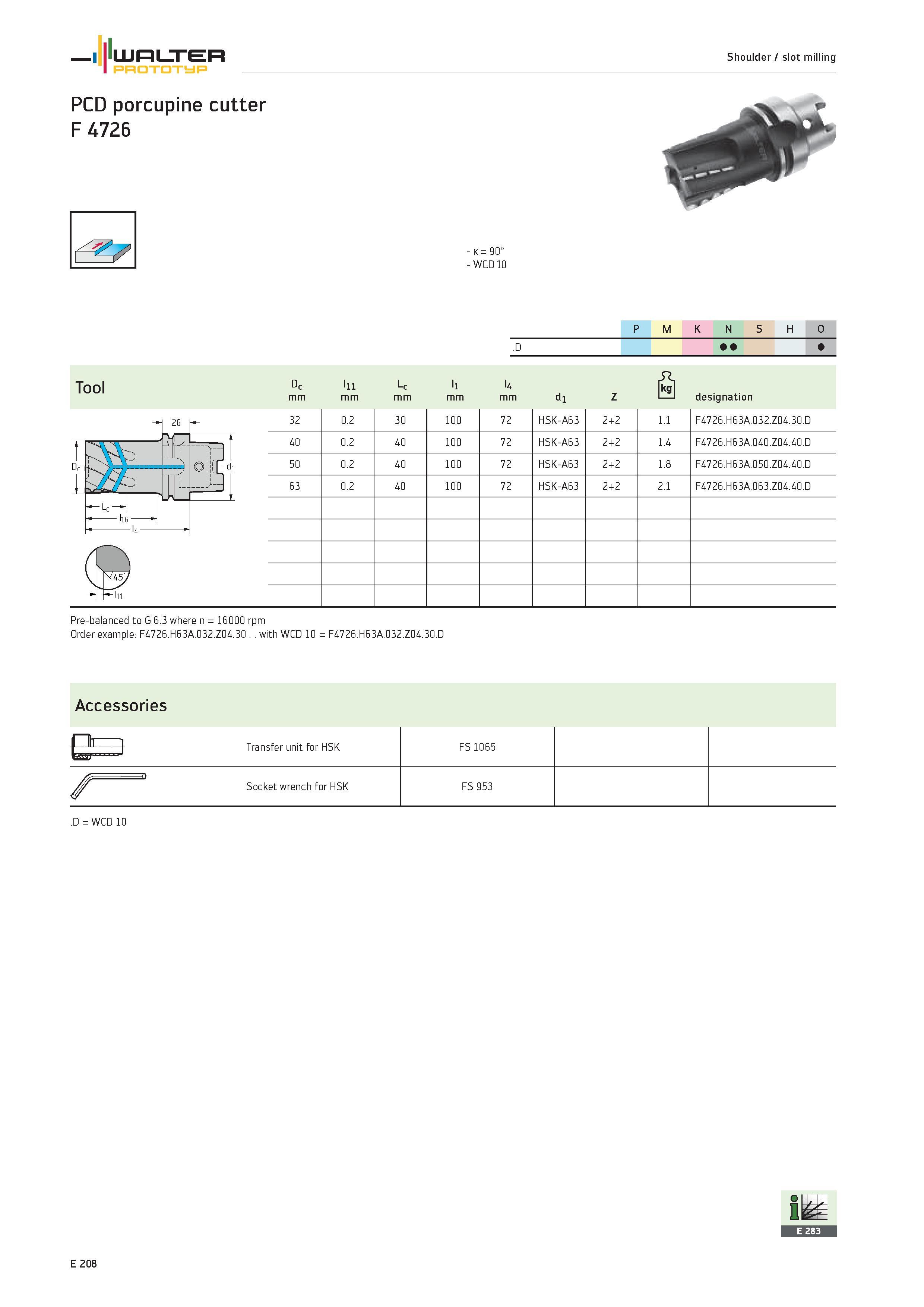 1810 WALTER PROTOTYP Shoulder / slot milling PCD porcupine cutter F 4726 k 90° WCD 10 1 P M K N S H 1° D Tool Q l11 Lc l1 l4 mm d1 Z designation 32 0 Каталог WALTER 2012 Металлорежущий инструмент и инструментальная оснастка Valenite для станков и металлообрабатывающих комплексов Стр. E208