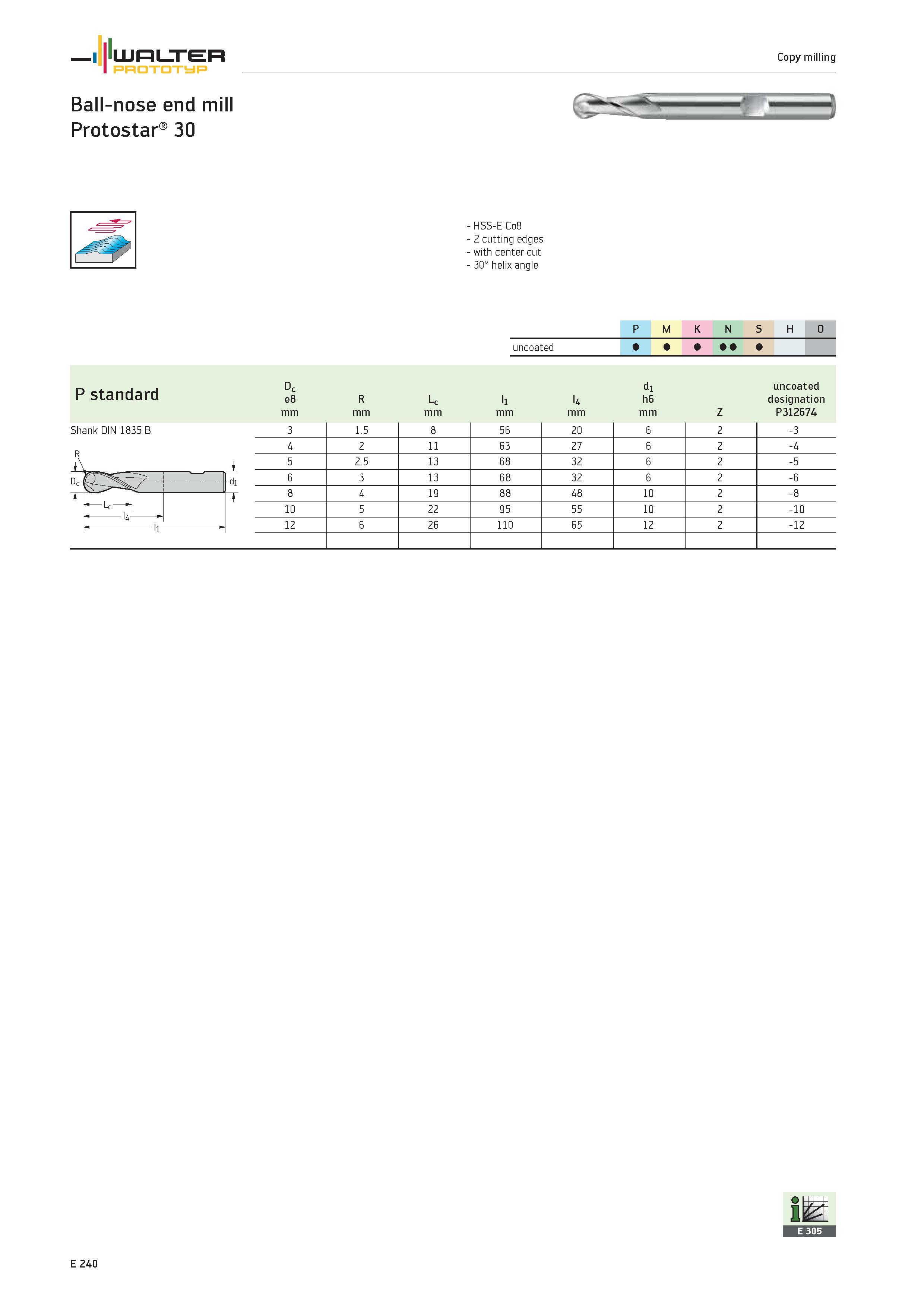 1842 WALTER PROTOTYP Copy milling Ball-nose end mill Protostar 30 HSS-E Co8 2 cutting edges with center cut 30° helix angle P M K N S H O uncoated P s Каталог WALTER 2012 Металлорежущий инструмент и инструментальная оснастка Valenite для станков и металлообрабатывающих комплексов Стр. E240
