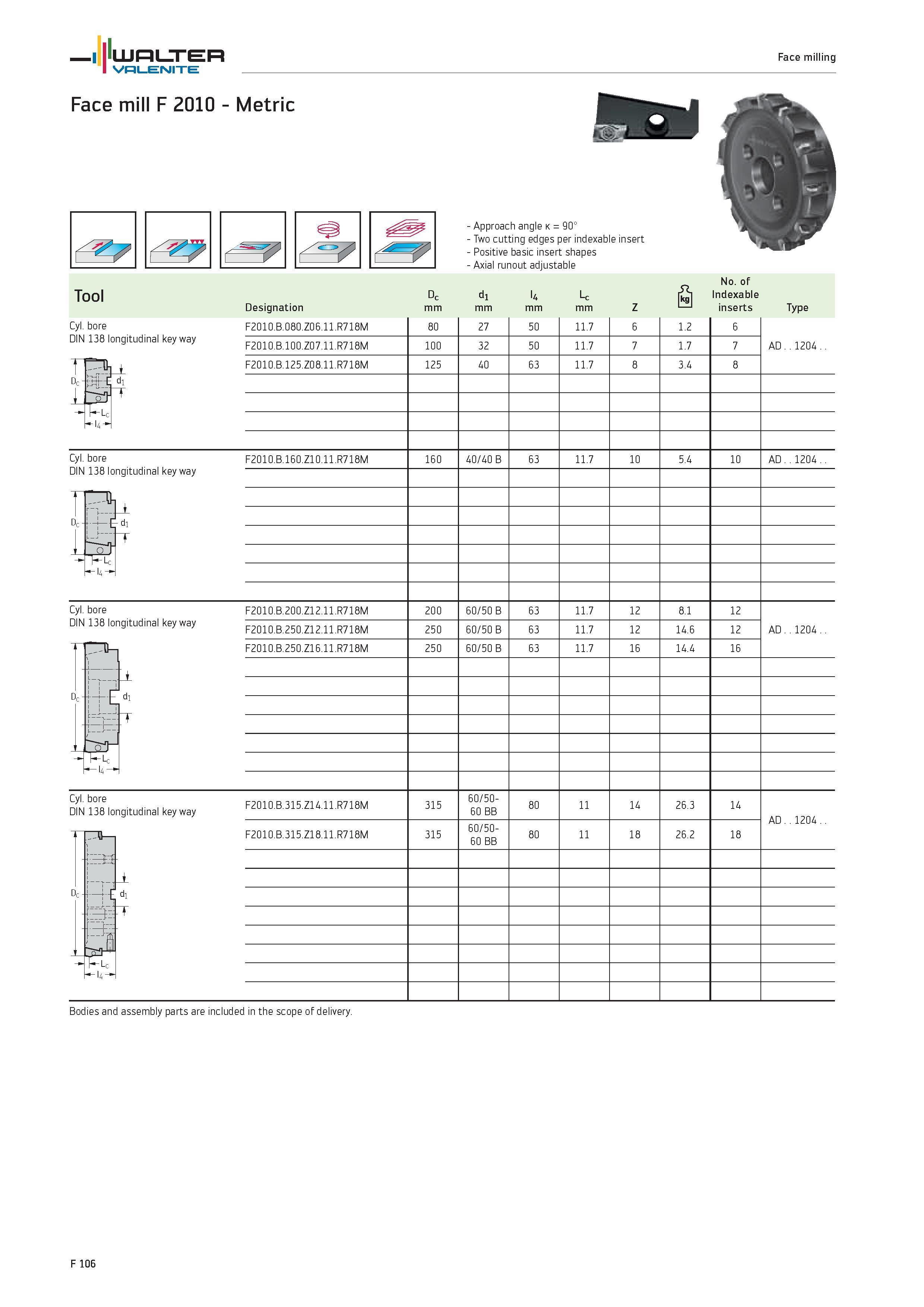 2034 WALTER Valenite Face milling Face mill F 2010 Metric 7 Approach angle k 90° Two cutting edges per indexable insert Positive basic insert shapes A Каталог WALTER 2012 Металлорежущий инструмент и инструментальная оснастка Valenite для станков и металлообрабатывающих комплексов Стр. F106
