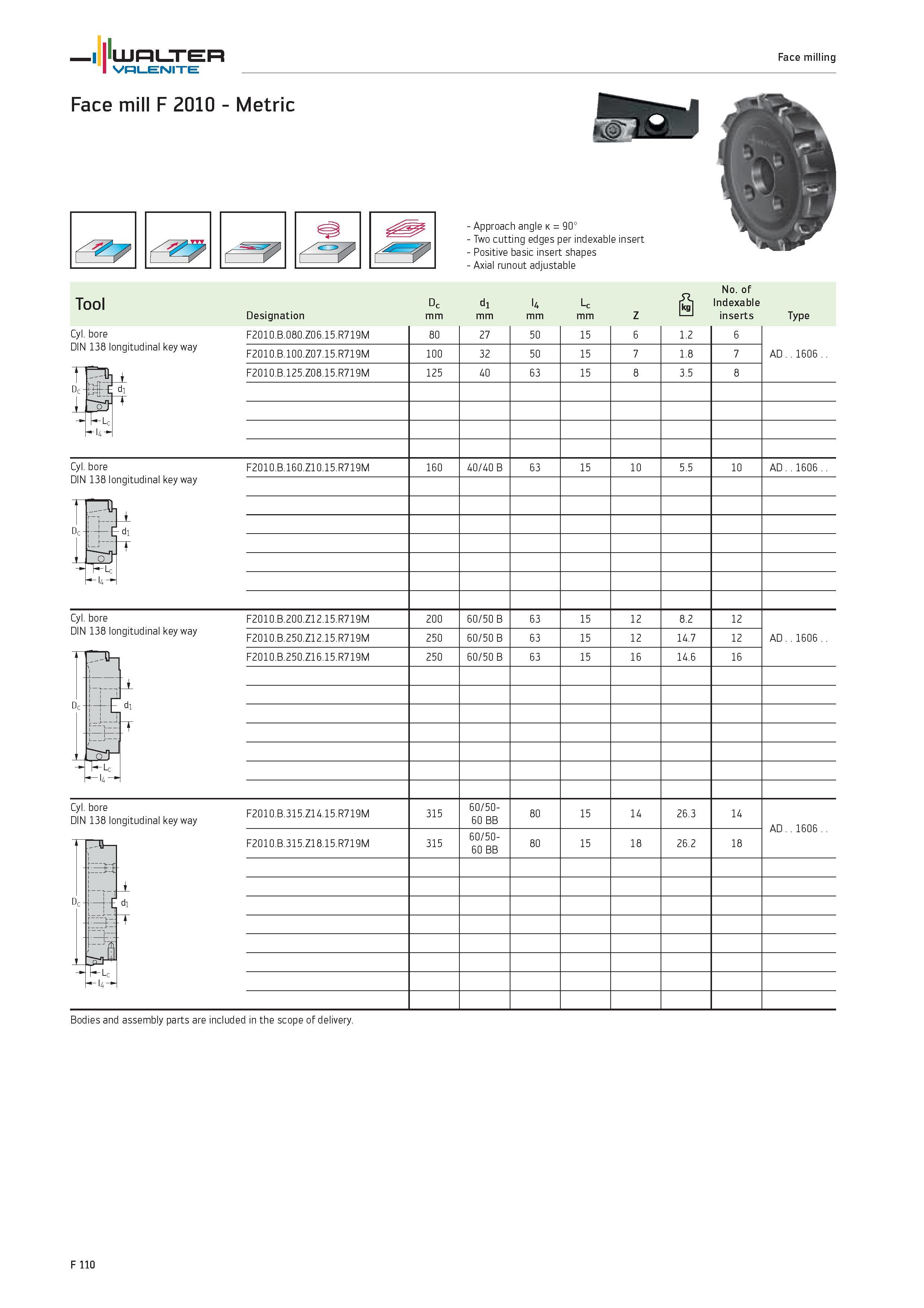 2038 WALTER Valenite Face milling Face mill F 2010 Metric Cyl bore DIN 138 longitudinal key way -7 Approach angle k 90° Two cutting edges per indexabl Каталог WALTER 2012 Металлорежущий инструмент и инструментальная оснастка Valenite для станков и металлообрабатывающих комплексов Стр. F110