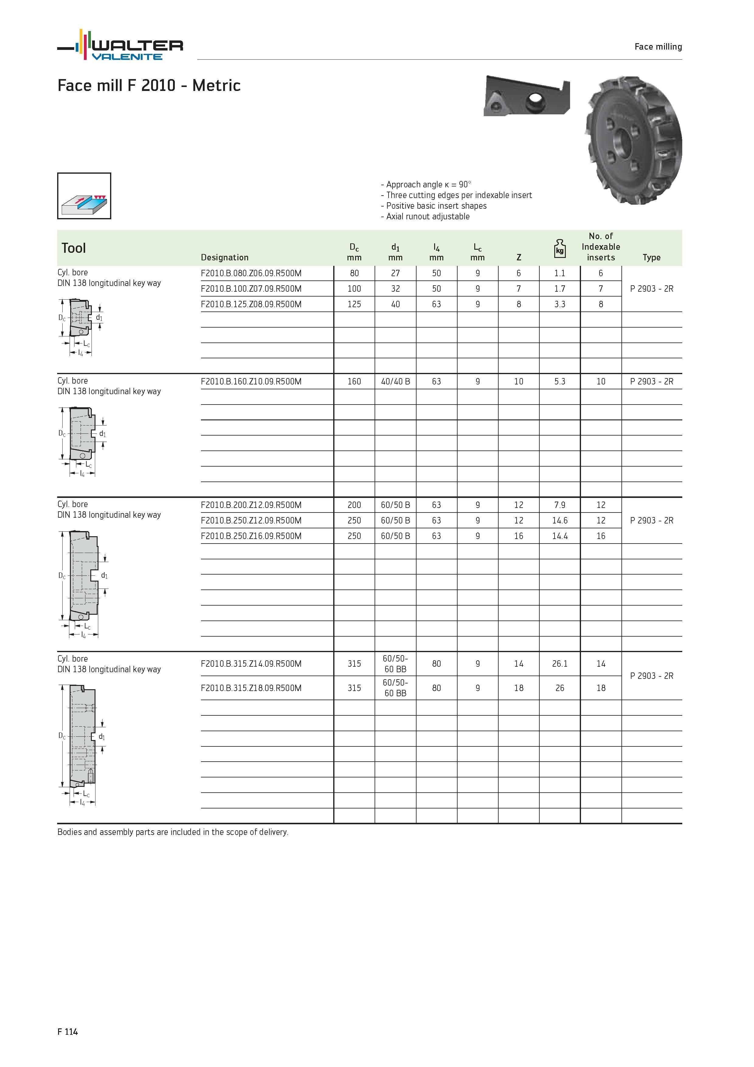2042 WALTER Valenite Face milling Face mill F 2010 Metric Approach angle k 90° Three cutting edges per indexable insert Positive basic insert shapes A Каталог WALTER 2012 Металлорежущий инструмент и инструментальная оснастка Valenite для станков и металлообрабатывающих комплексов Стр. F114