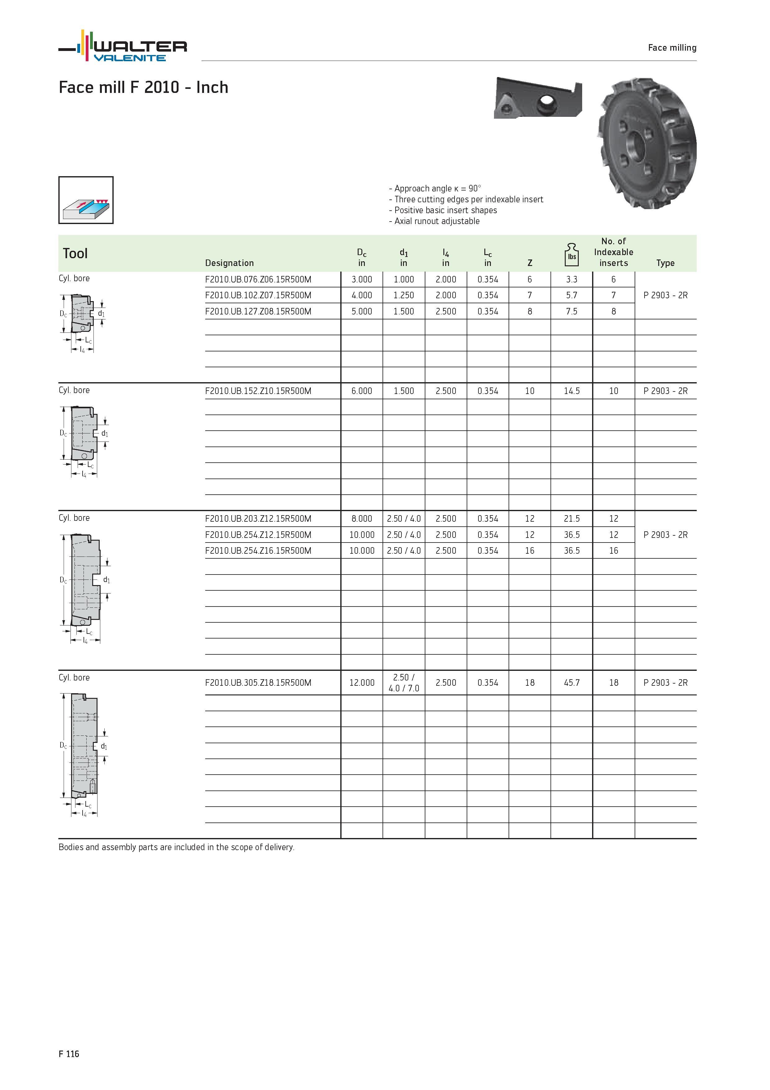 2044 WALTER Valenite Face milling Face mill F 2010 Inch Cyl bore Approach angle k 90° Three cutting edges per indexable insert Positive basic insert s Каталог WALTER 2012 Металлорежущий инструмент и инструментальная оснастка Valenite для станков и металлообрабатывающих комплексов Стр. F116