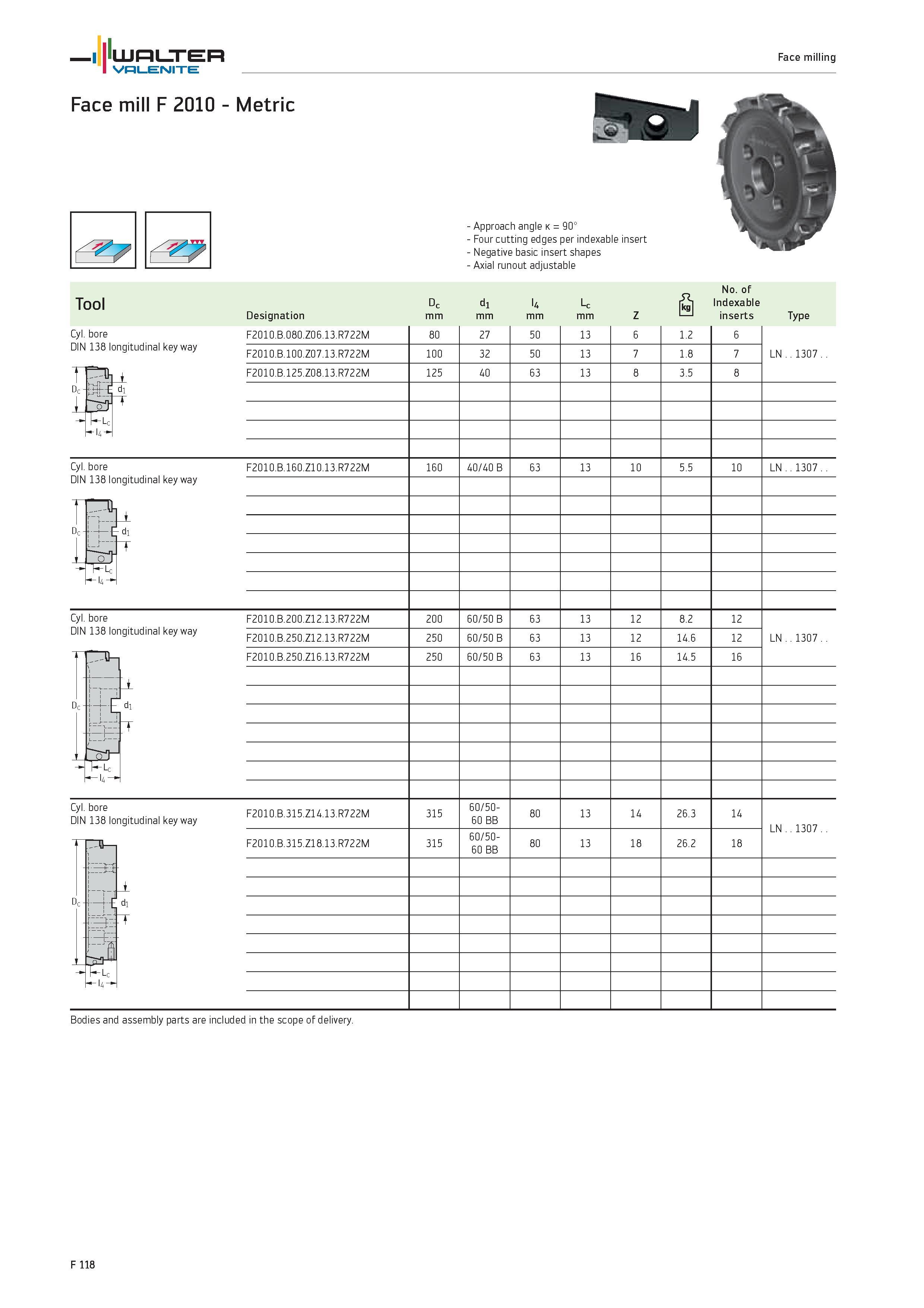2046 WALTER Valenite Face milling Face mill F 2010 Metric Cyl bore DIN 138 longitudinal key way Approach angle k 90° Four cutting edges per indexable Каталог WALTER 2012 Металлорежущий инструмент и инструментальная оснастка Valenite для станков и металлообрабатывающих комплексов Стр. F118