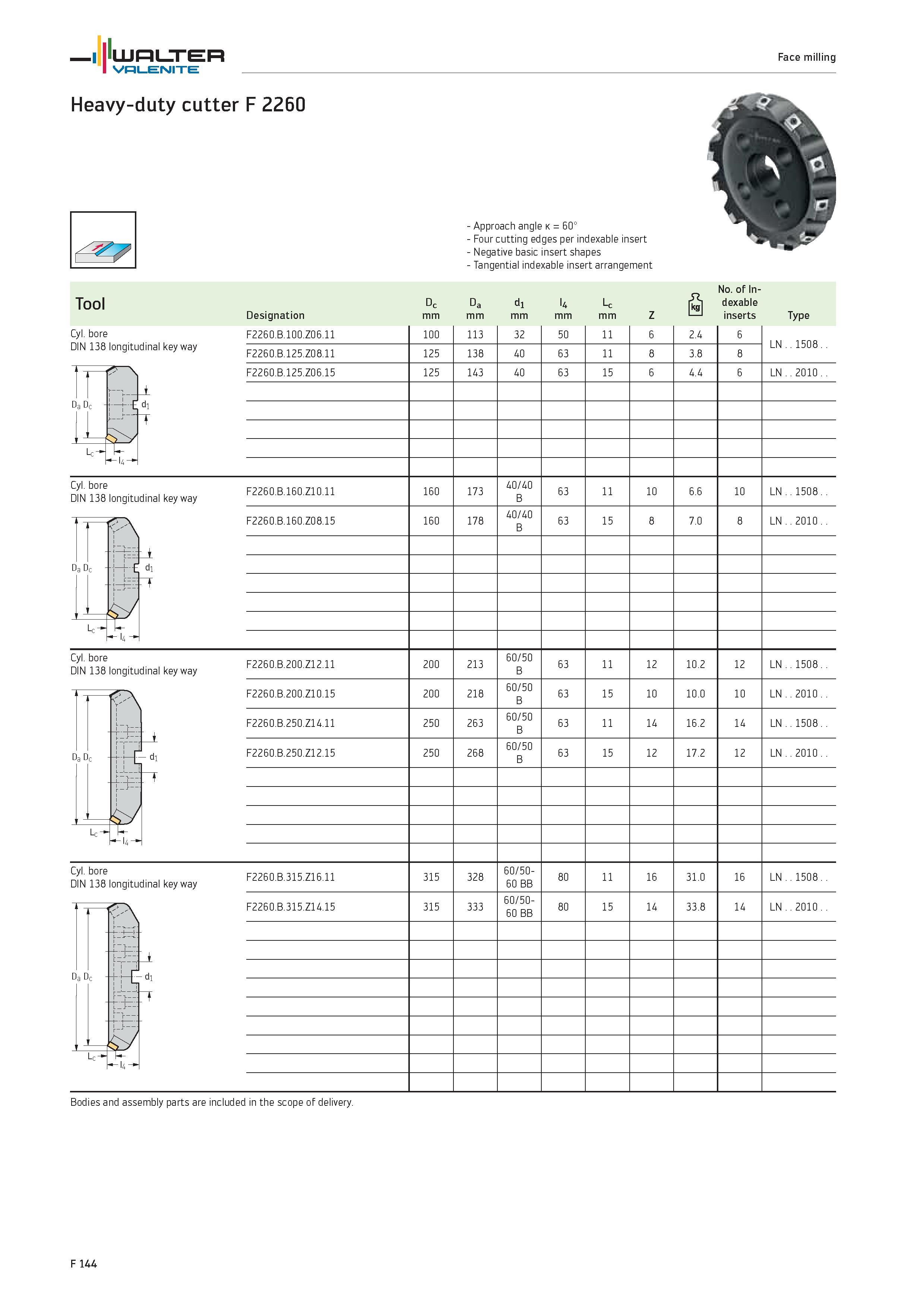 2072 WALTER Valenite Face milling Heavy-duty cutter F 2260 Cyl bore DIN 138 longitudinal key way r r 1 Da Dc IL, Lc l 14 Approach angle k 60° Four cut Каталог WALTER 2012 Металлорежущий инструмент и инструментальная оснастка Valenite для станков и металлообрабатывающих комплексов Стр. F144