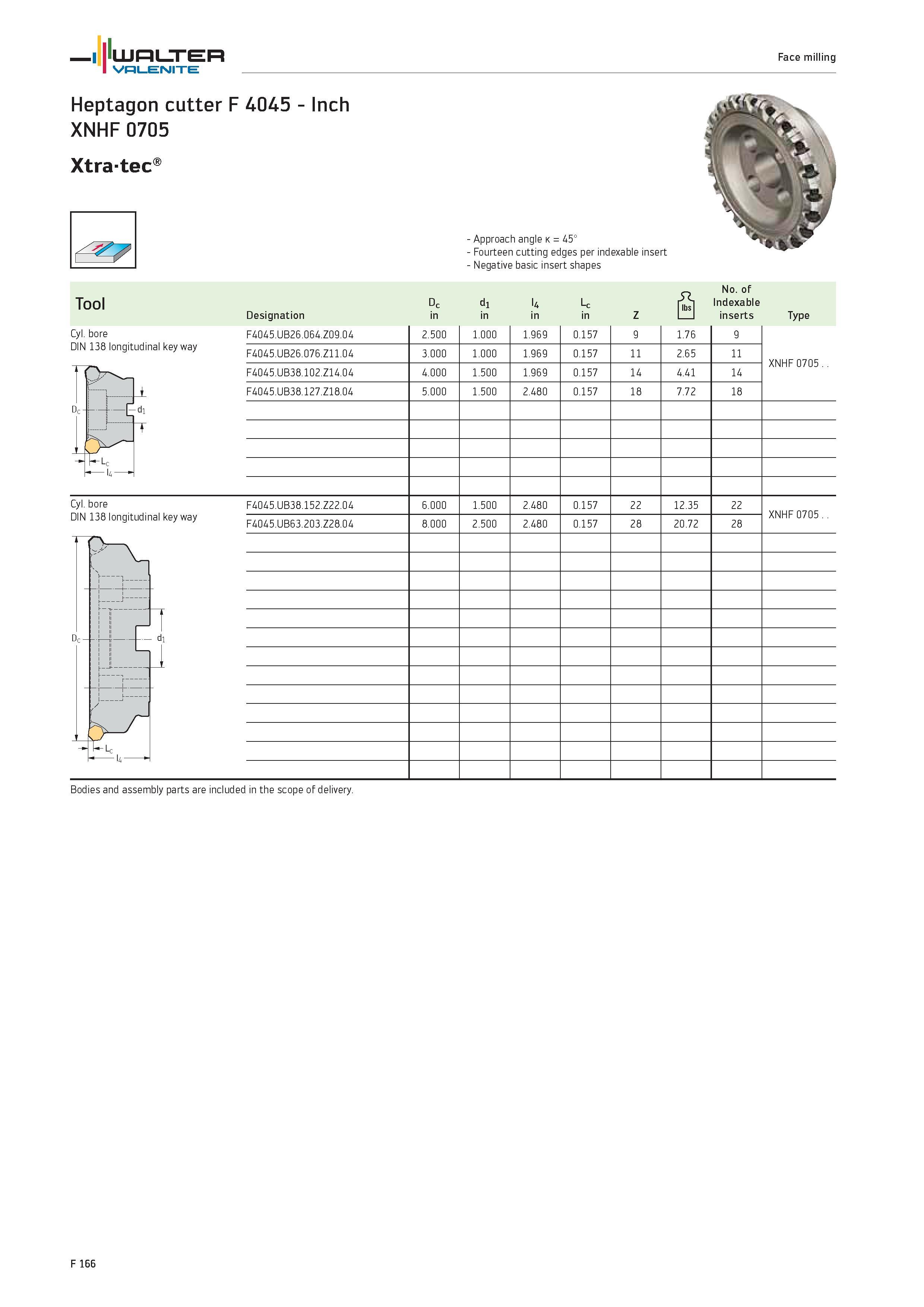 2094 WALTER Valenite Face milling Heptagon cutter F 4045 Inch XNHF0705 Xtra-tec Approach angle k 45° Fourteen cutting edges per indexable insert Negat Каталог WALTER 2012 Металлорежущий инструмент и инструментальная оснастка Valenite для станков и металлообрабатывающих комплексов Стр. F166