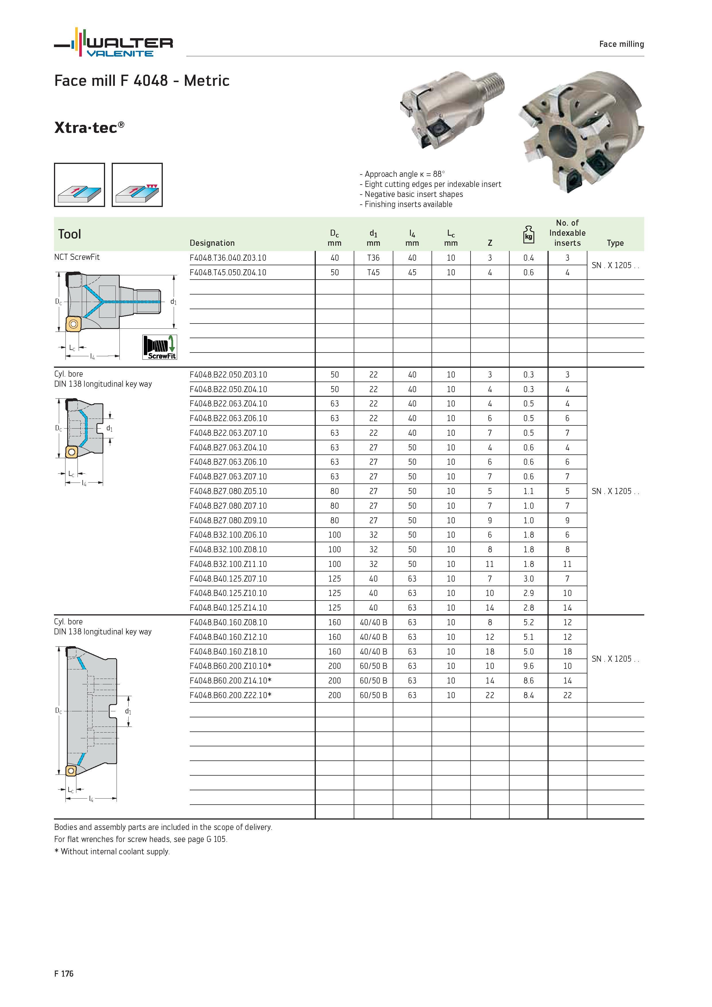 2104 WALTER Valenite Face milling Face mill F 4048 Metric Xtra-tec NCT ScrewFit Approach angle k Eight cutting edges per indexable insert Negative bas Каталог WALTER 2012 Металлорежущий инструмент и инструментальная оснастка Valenite для станков и металлообрабатывающих комплексов Стр. F176