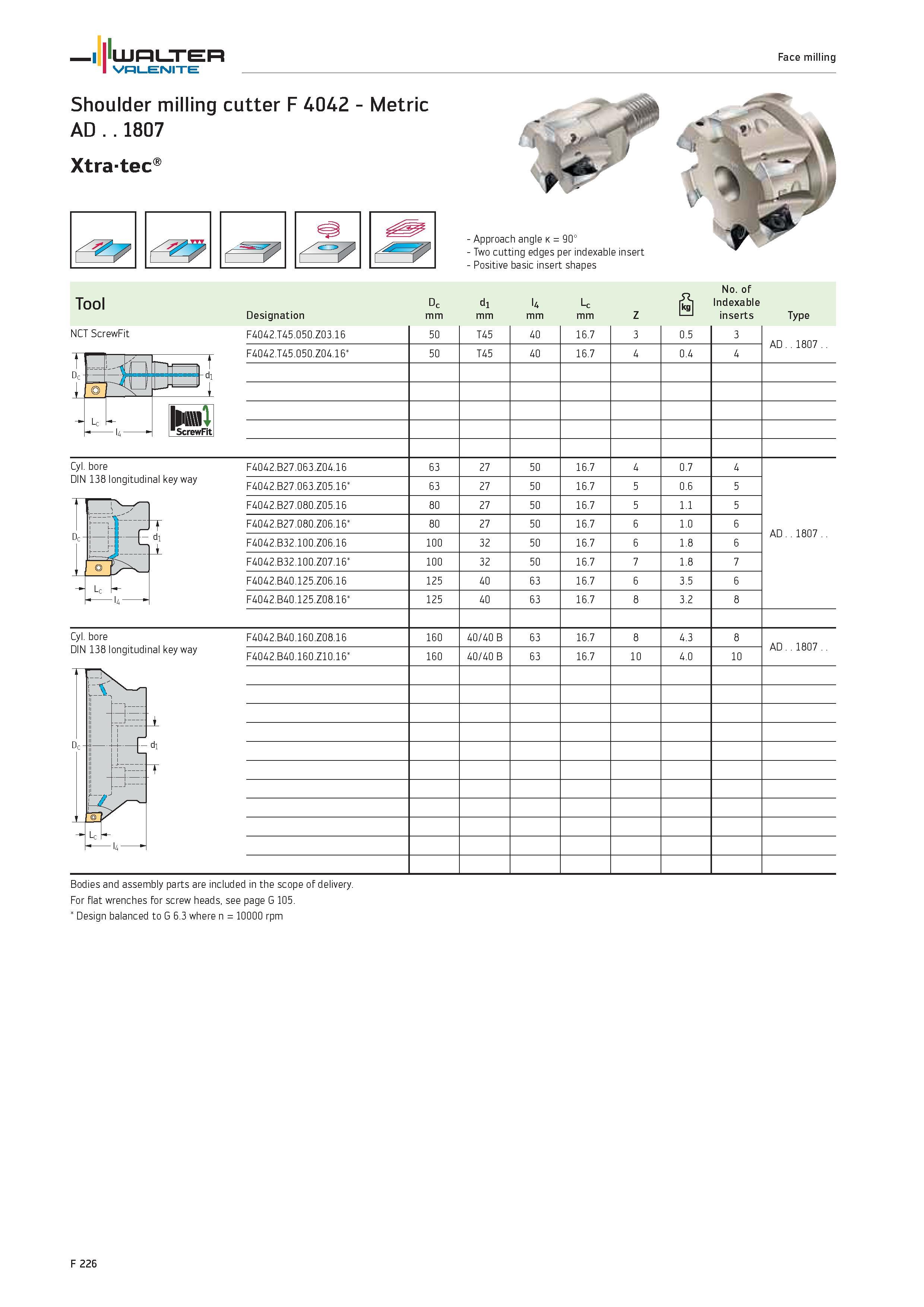 2154 WALTER Valenite Face milling Shoulder milling cutter F 4042 Metric AD 1807 Xtra-tec 7 Approach angle k 90° Two cutting edges per indexable insert Каталог WALTER 2012 Металлорежущий инструмент и инструментальная оснастка Valenite для станков и металлообрабатывающих комплексов Стр. F226