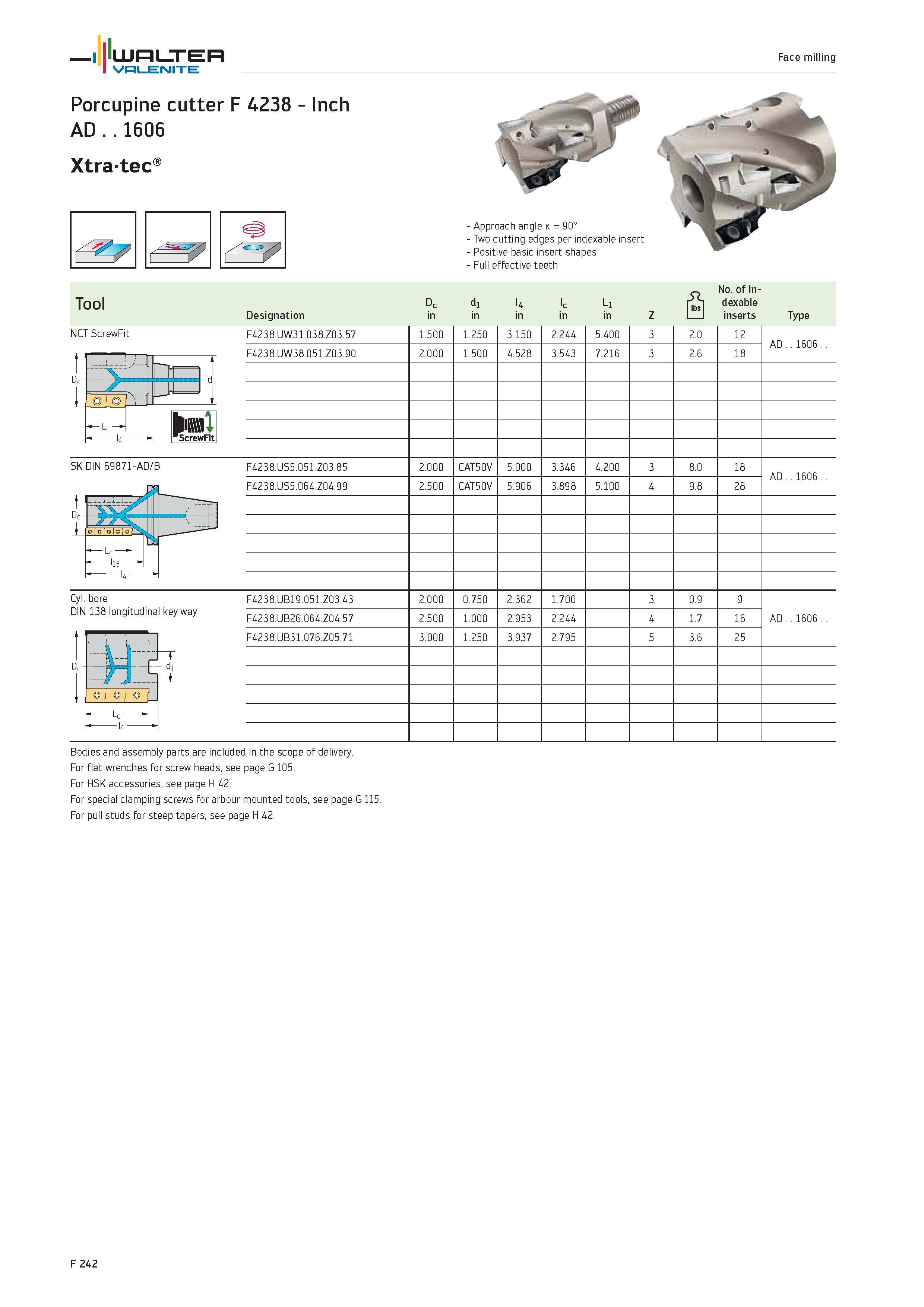 2170 WALTER Valenite Face milling Porcupine cutter F 4238 Inch AD 1606 Xtra-tec 7 Approach angle k 90° Two cutting edges per indexable insert Positive Каталог WALTER 2012 Металлорежущий инструмент и инструментальная оснастка Valenite для станков и металлообрабатывающих комплексов Стр. F242