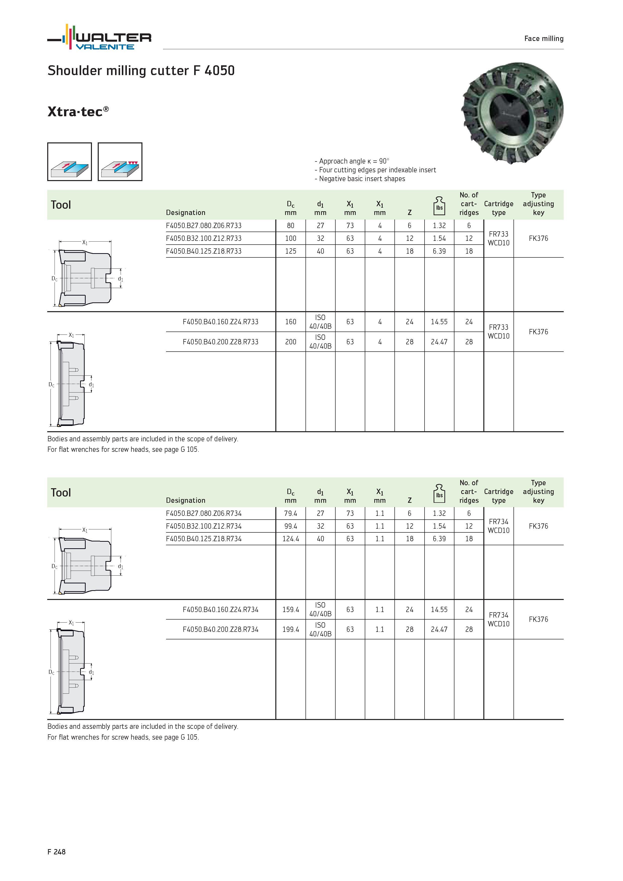 2176 WALTER Valenite Face milling Shoulder milling cutter F 4050 Xtratec Approach angle k 90° Four cutting edges per indexable insert Negative basic i Каталог WALTER 2012 Металлорежущий инструмент и инструментальная оснастка Valenite для станков и металлообрабатывающих комплексов Стр. F248