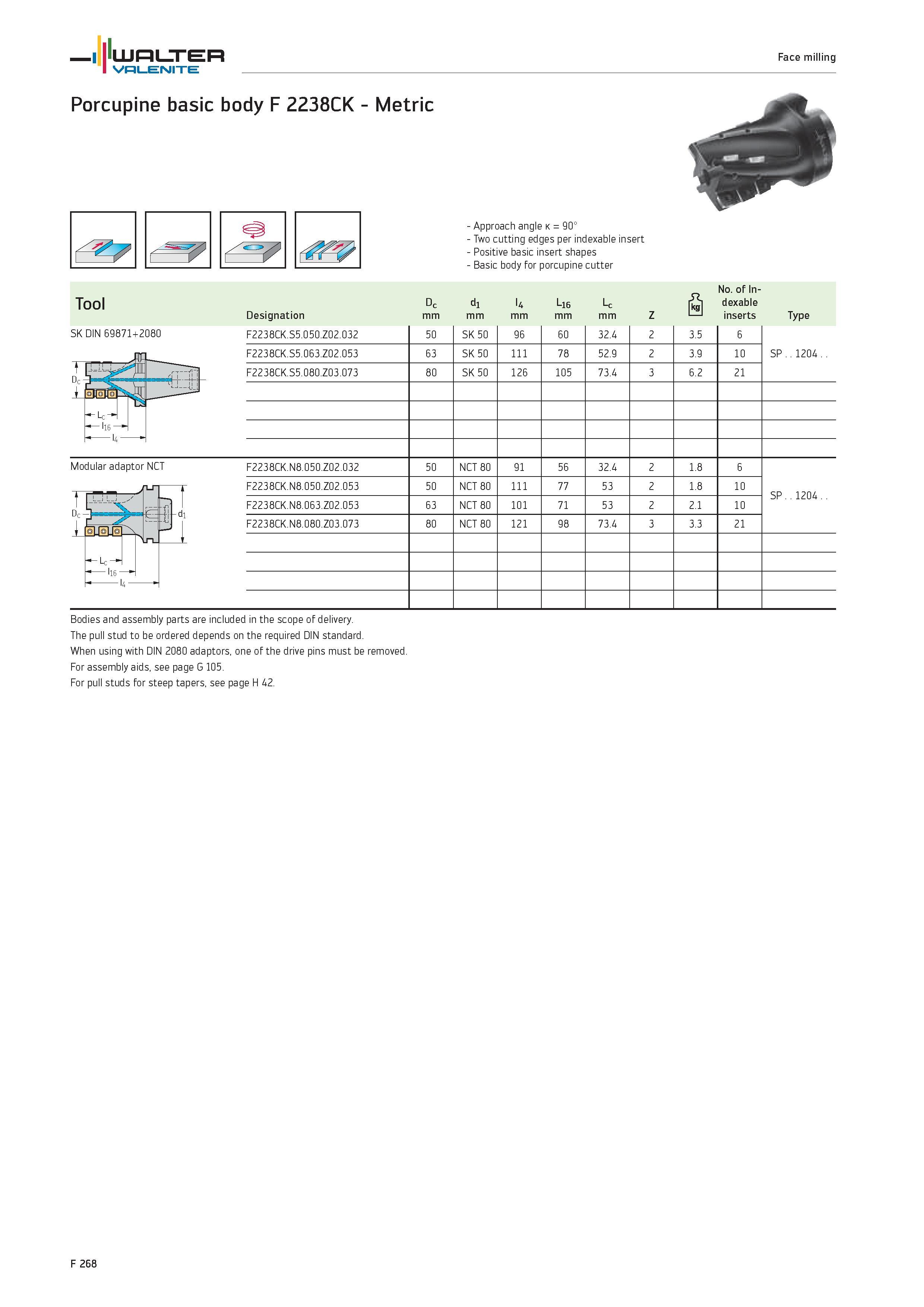 2196 WALTER Valenite Face milling Porcupine basic body F 2238CK Metric 7 Approach angle k 90° Two cutting edges per indexable insert Positive basic in Каталог WALTER 2012 Металлорежущий инструмент и инструментальная оснастка Valenite для станков и металлообрабатывающих комплексов Стр. F268