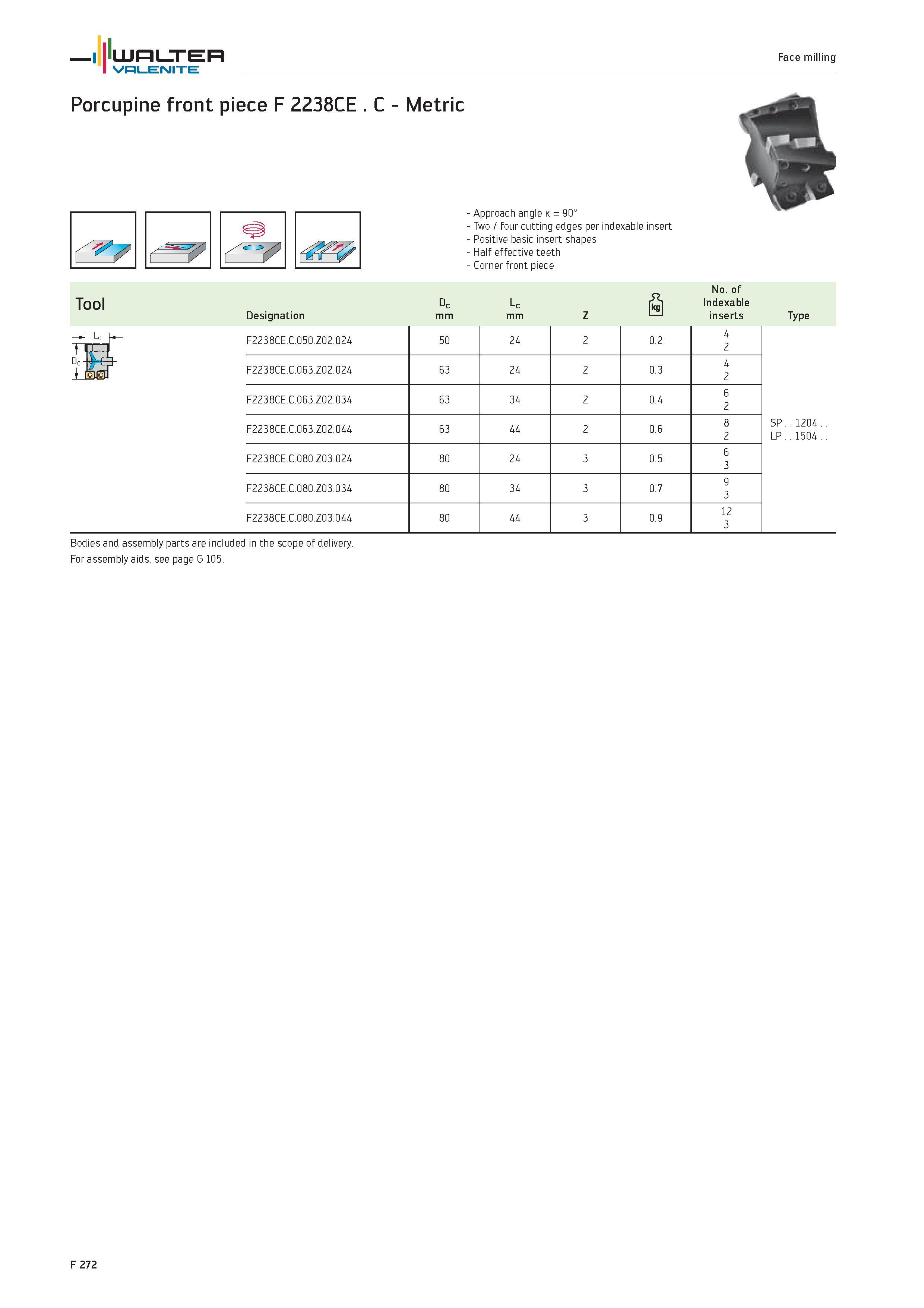 2200 WALTER Valenite Face milling Porcupine front piece F 2238CE C Metric 7 Approach angle k 90° Two / four cutting edges per indexable insert Positiv Каталог WALTER 2012 Металлорежущий инструмент и инструментальная оснастка Valenite для станков и металлообрабатывающих комплексов Стр. F272