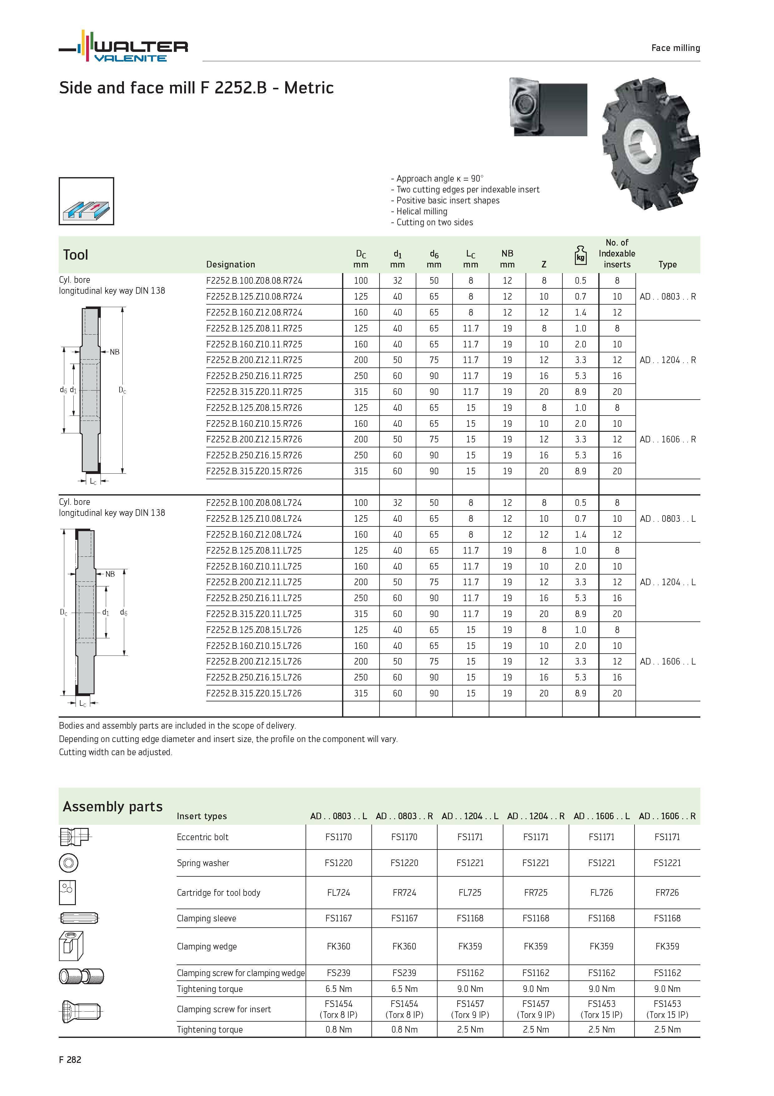 2210 WALTER Valenite Face milling Side and face mill F 2252 B Metric Cyl bore longitudinal key way DIN 138 r d6 di Approach angle k 90° Two cutting ed Каталог WALTER 2012 Металлорежущий инструмент и инструментальная оснастка Valenite для станков и металлообрабатывающих комплексов Стр. F282