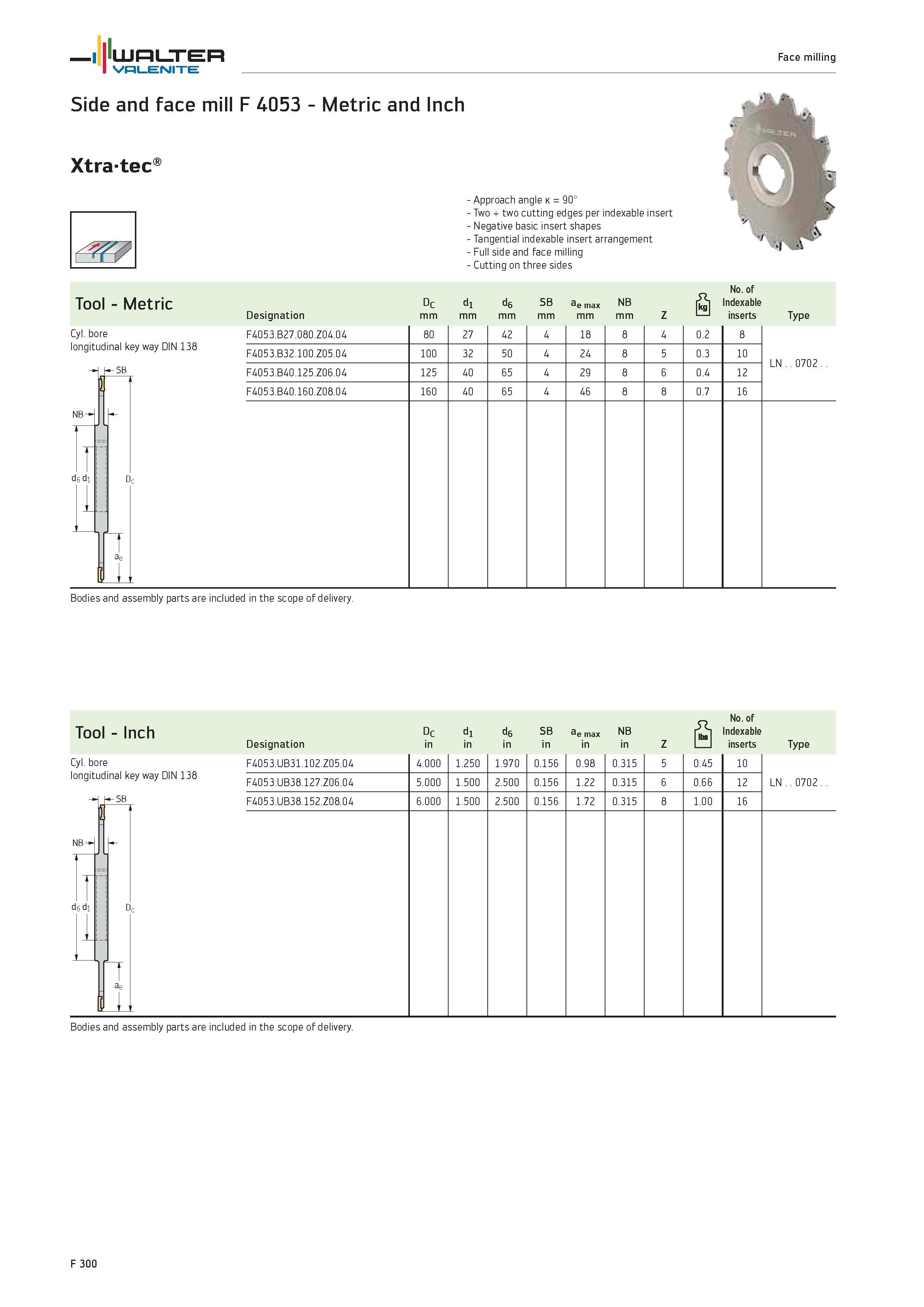 2228 WALTER Valenite Face milling Side and face mill F 4053 Metric and Inch Xtratec Approach angle k 90° Two + two cutting edges per indexable insert Каталог WALTER 2012 Металлорежущий инструмент и инструментальная оснастка Valenite для станков и металлообрабатывающих комплексов Стр. F300