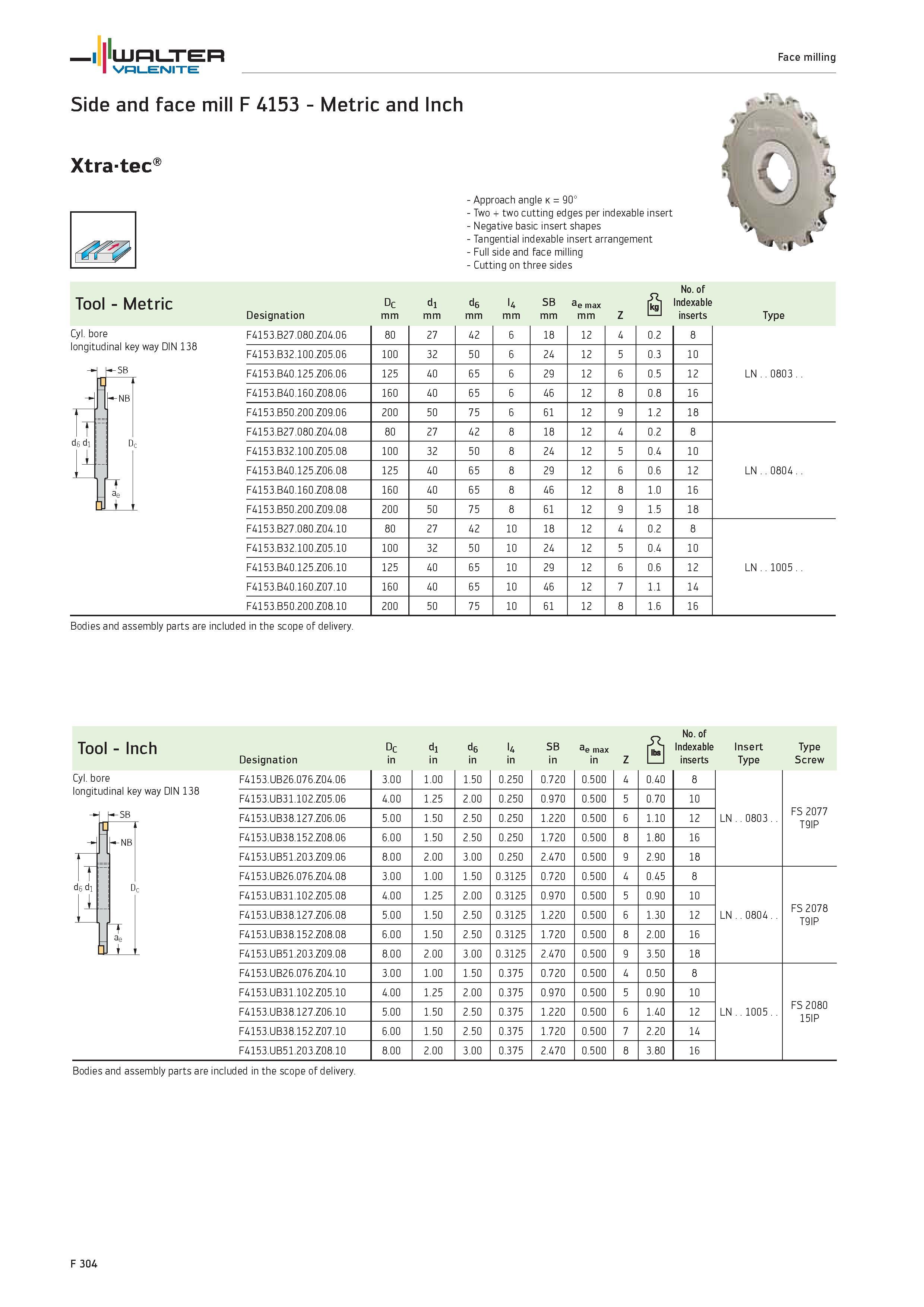 2232 WALTER Valenite Face milling Side and face mill F 4153 Metric and Inch Xtratec Tool Metric Cyl bore longitudinal key way DIN 138 Approach angle k Каталог WALTER 2012 Металлорежущий инструмент и инструментальная оснастка Valenite для станков и металлообрабатывающих комплексов Стр. F304