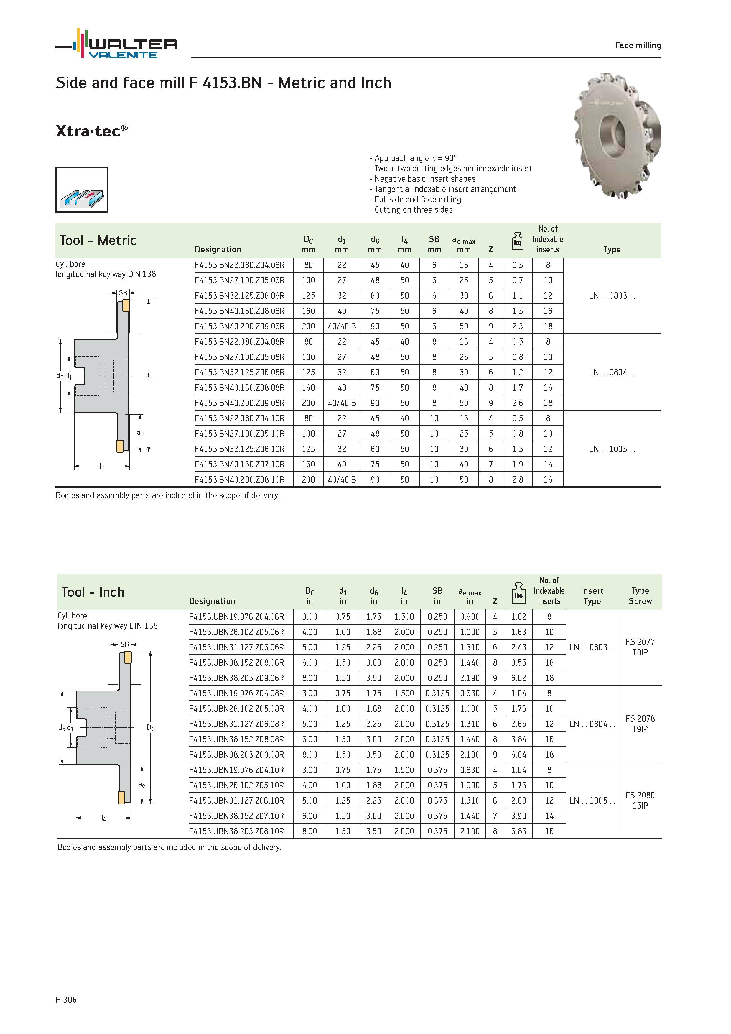 2234 WALTER Valenite Face milling Side and face mill F 4153 BN Metric and Inch Xtra-tec Tool Metric Cyl bore longitudinal key way DIN 138 Approach ang Каталог WALTER 2012 Металлорежущий инструмент и инструментальная оснастка Valenite для станков и металлообрабатывающих комплексов Стр. F306