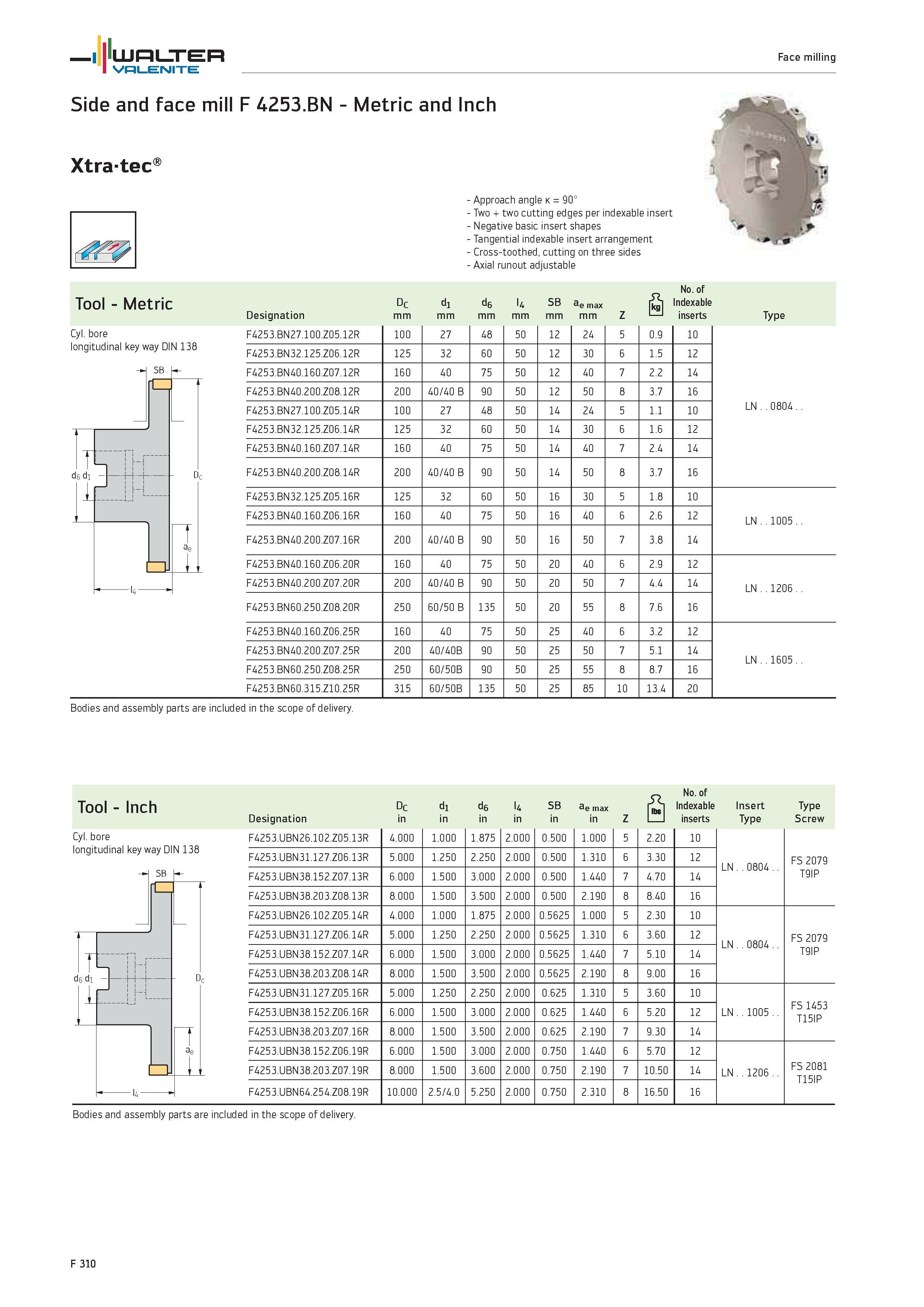 2238 WALTER Valenite Face milling Side and face mill F 4253 BN Metric and Inch Xtra-tec Cyl bore longitudinal key way DIN 138 Approach angle k 90° Two Каталог WALTER 2012 Металлорежущий инструмент и инструментальная оснастка Valenite для станков и металлообрабатывающих комплексов Стр. F310
