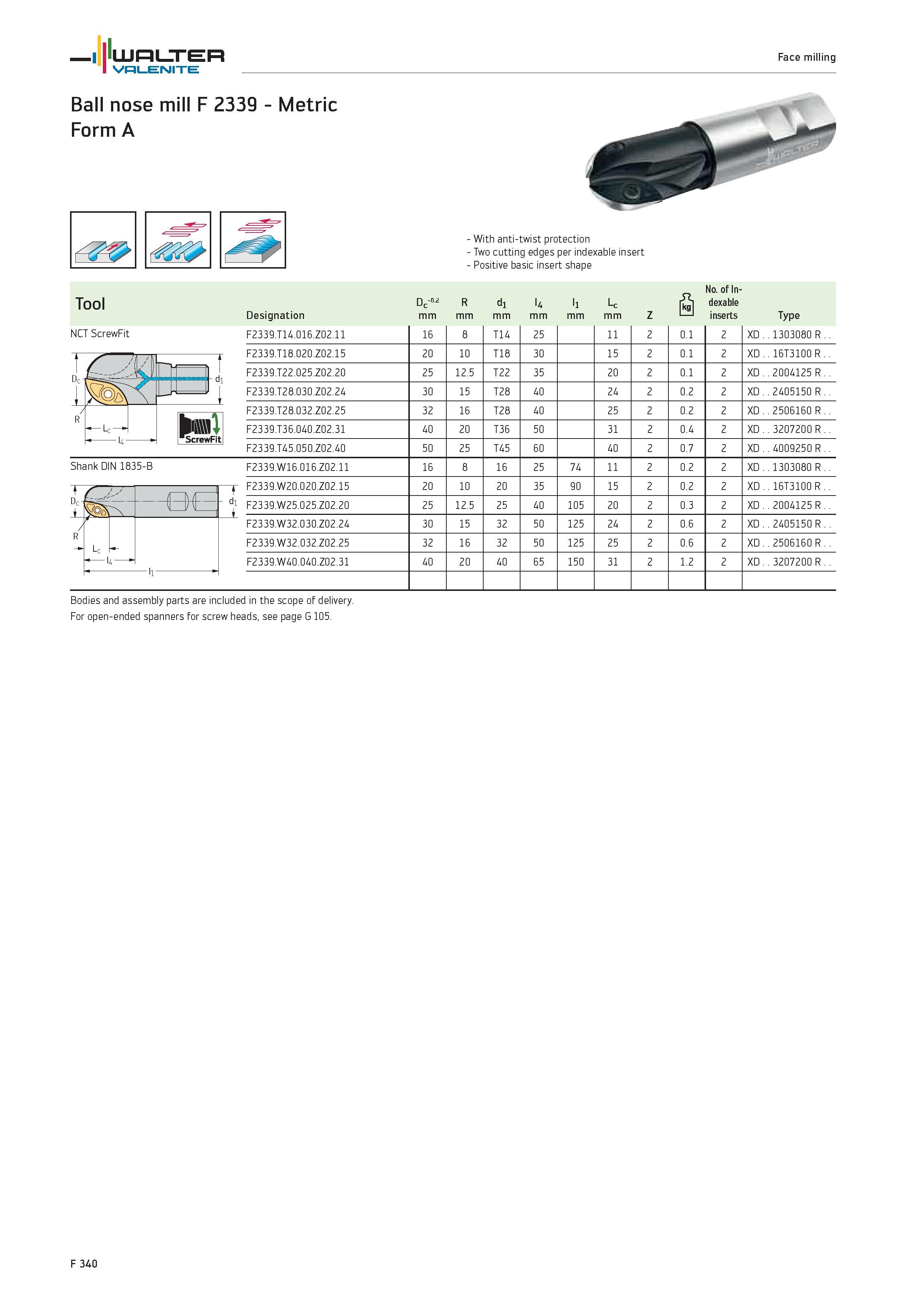 2268 WALTER Valenite Face milling Ball nose mill F 2339 Metric Form A Tool Designation With anti-twist protection Two cutting edges per indexable inse Каталог WALTER 2012 Металлорежущий инструмент и инструментальная оснастка Valenite для станков и металлообрабатывающих комплексов Стр. F340
