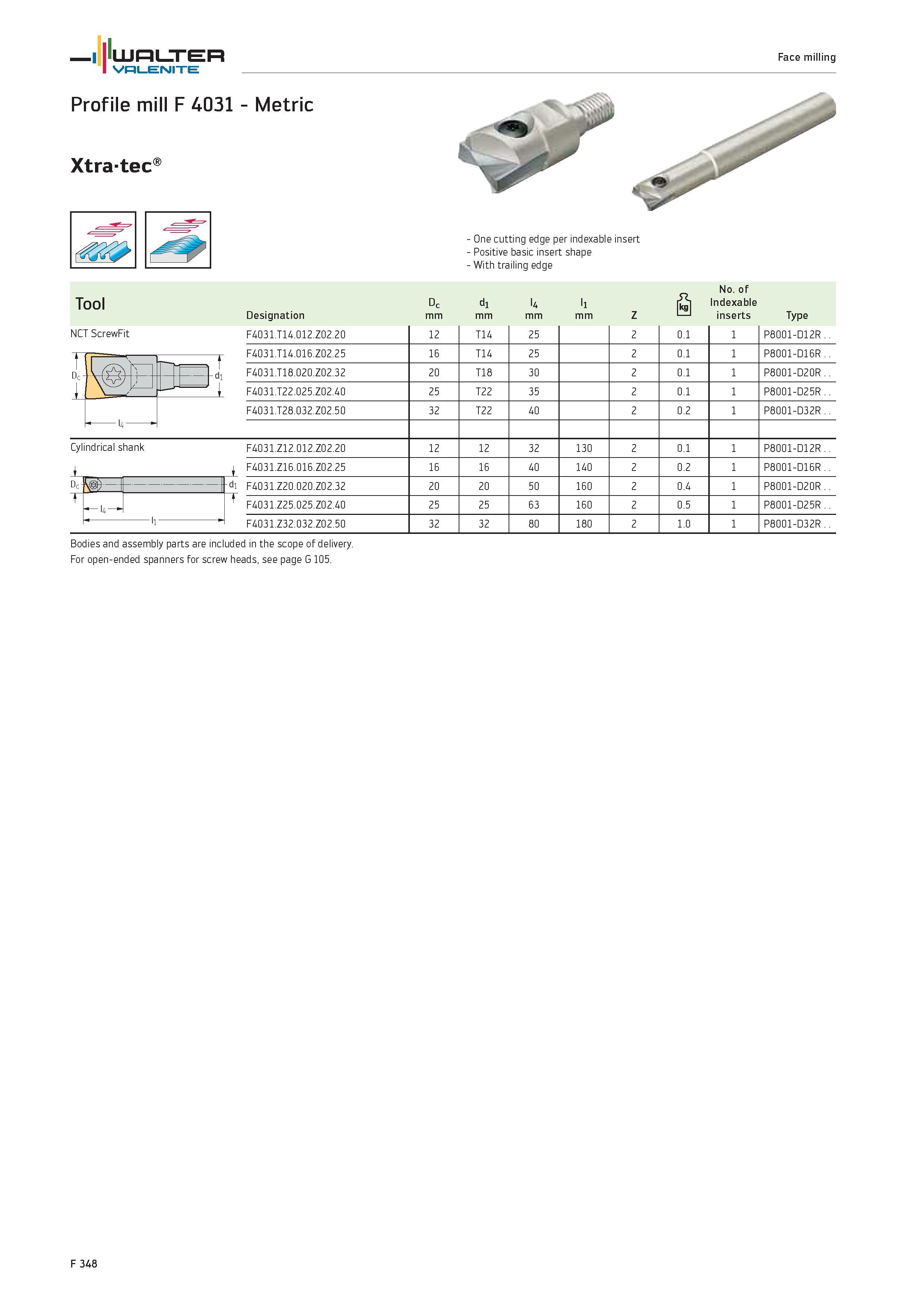 2276 WALTER Valenite Face milling Profile mill F 4031 Metric Xtra-tec NCT ScrewFit One cutting edge per indexable insert Positive basic insert shape W Каталог WALTER 2012 Металлорежущий инструмент и инструментальная оснастка Valenite для станков и металлообрабатывающих комплексов Стр. F348