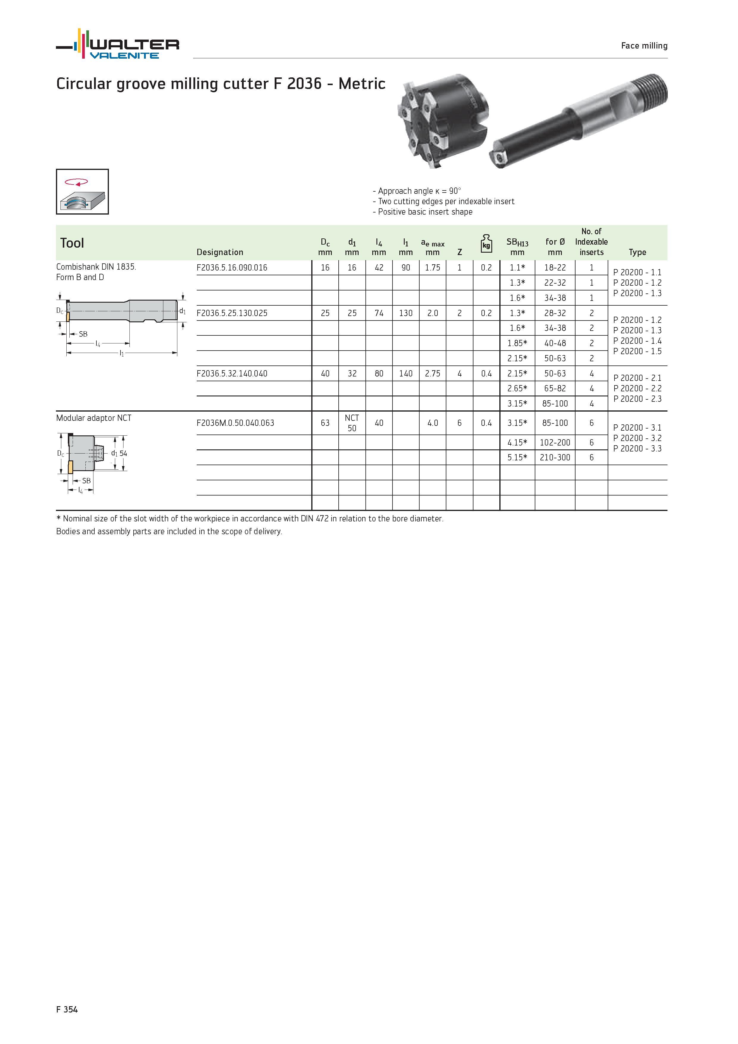 2282 WALTER Valenite Face milling Circular groove milling cutter F 2036 Metric Tool Combishank DIN 1835 Form B and D Approach angle k 90° Two cutting Каталог WALTER 2012 Металлорежущий инструмент и инструментальная оснастка Valenite для станков и металлообрабатывающих комплексов Стр. F354
