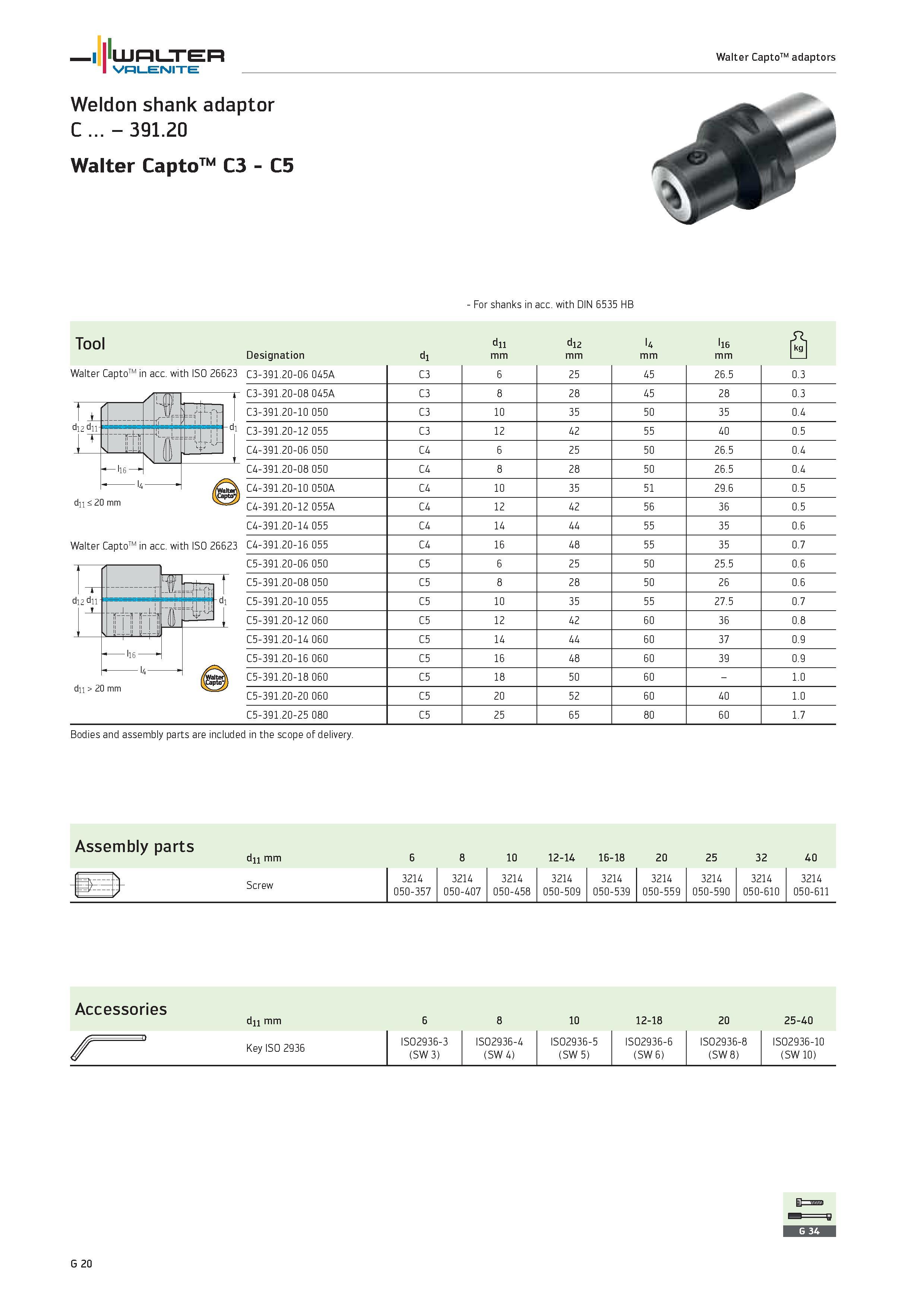 2402 WALTER Valenite Weldon shank adaptor C 391 20 Walter CaptoTM C3 C5 Walter CaptoTM adaptors For shanks in acc with DIN 6535 HB Tool d11 d12 l4 l16 Каталог WALTER 2012 Металлорежущий инструмент и инструментальная оснастка Valenite для станков и металлообрабатывающих комплексов Стр. G20