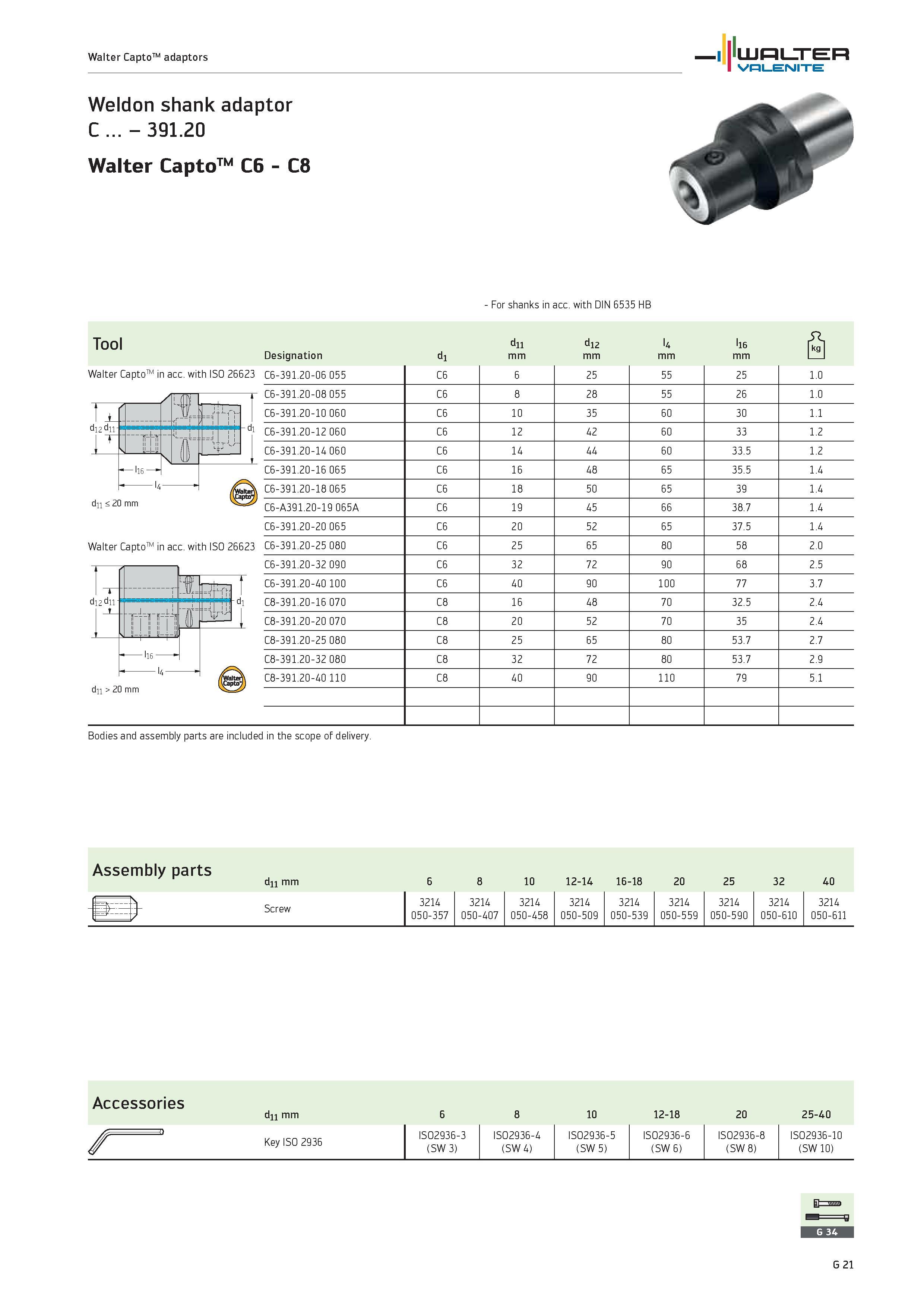 2403 WALTER Valenite Walter CaptoTM adaptors Weldon shank adaptor C 39i 20 Walter Capto C6 C8 For shanks in acc with DIN 6535 HB Tool dii di2 U li6 rk Каталог WALTER 2012 Металлорежущий инструмент и инструментальная оснастка Valenite для станков и металлообрабатывающих комплексов Стр. G21