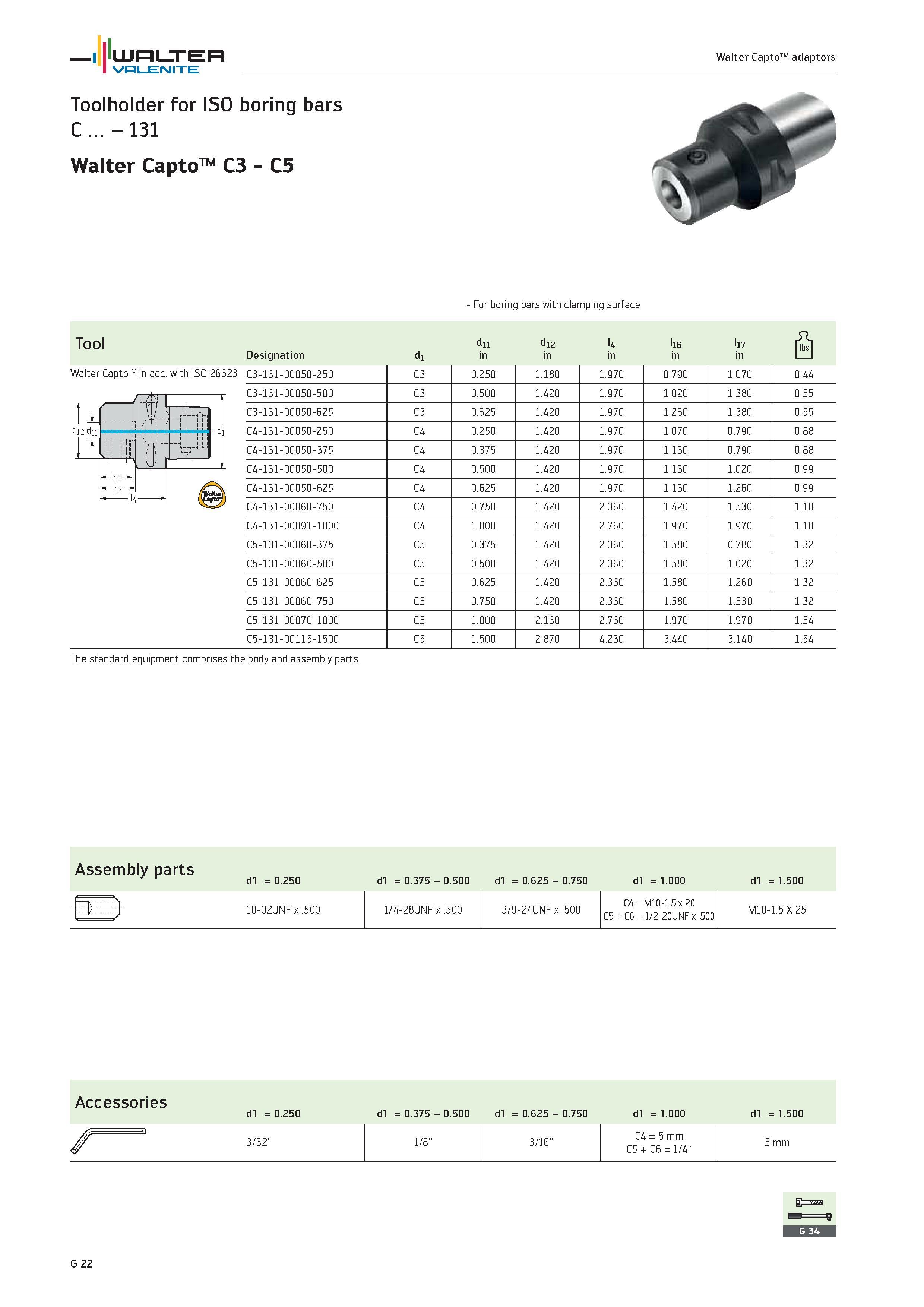 2404 WALTER Valenite Walter CaptoTM adaptors Toolholder for ISO boring bars C 131 Walter CaptoTM C3 C5 For boring bars with clamping surface Tool d11 Каталог WALTER 2012 Металлорежущий инструмент и инструментальная оснастка Valenite для станков и металлообрабатывающих комплексов Стр. G22
