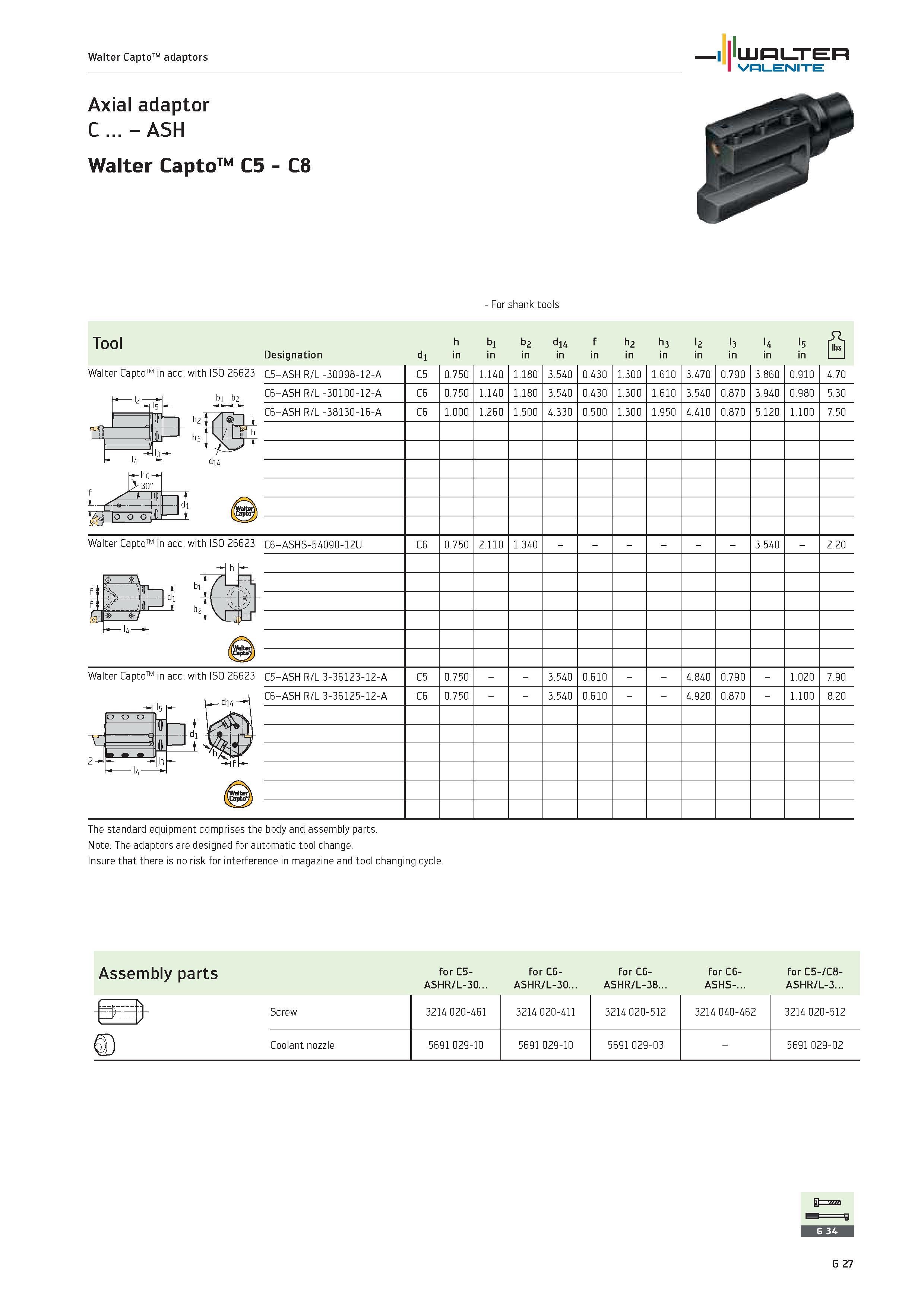 2409 - For shank tools Tool h b1 d1 2 b h2 h3 l2 l3 l4 l5 i Designation d1 in 1 1 C5-ASH R/L -30098-12-A C5 0 750 1 140 1 180 3 540 0 430 1 300 1 610 Каталог WALTER 2012 Металлорежущий инструмент и инструментальная оснастка Valenite для станков и металлообрабатывающих комплексов Стр. G27