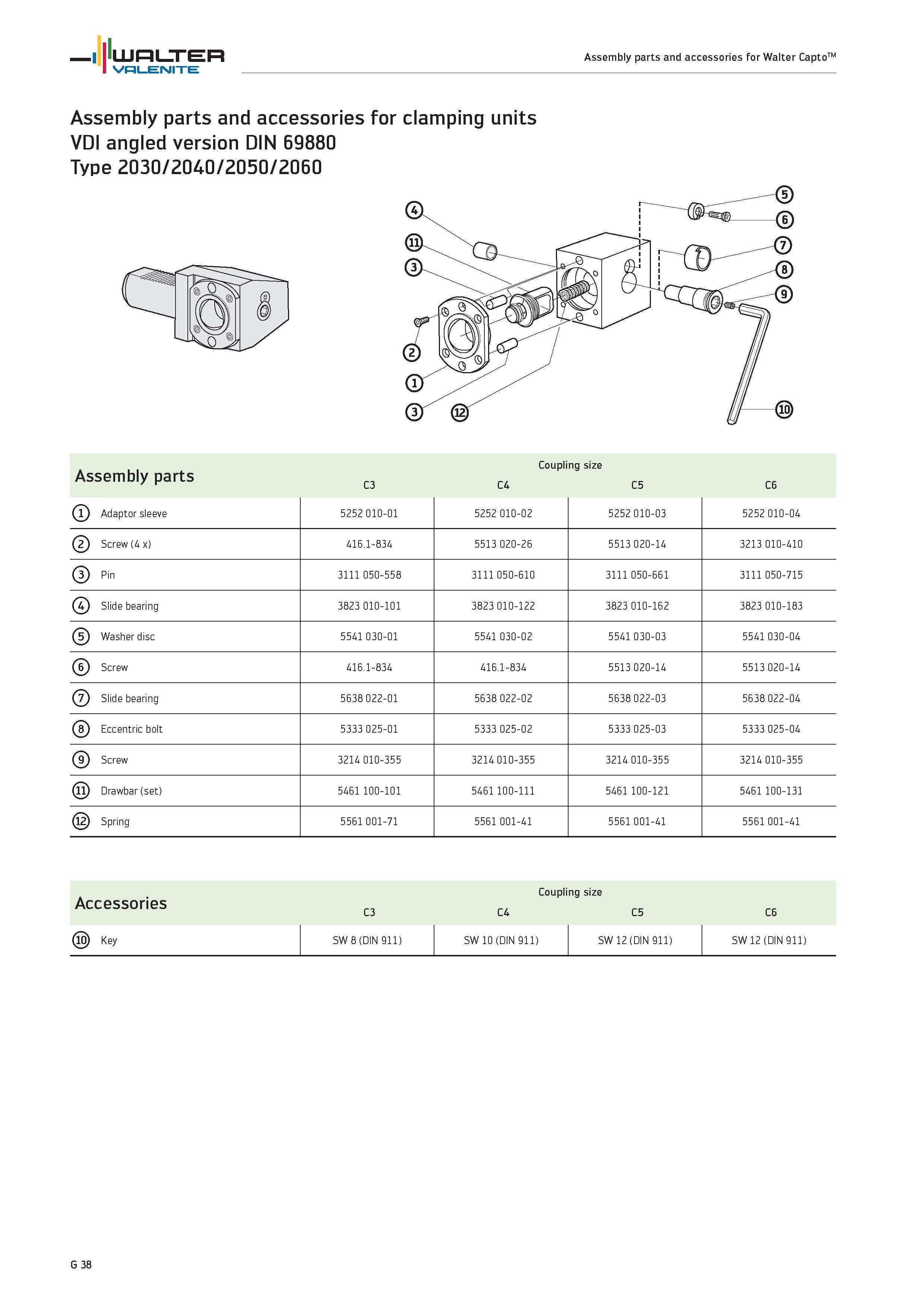 2420 WALTER Valenite Assembly parts and accessories for Walter CaptoTM Assembly parts and accessories for clamping units VDI angled version DIN 69880 Каталог WALTER 2012 Металлорежущий инструмент и инструментальная оснастка Valenite для станков и металлообрабатывающих комплексов Стр. G38