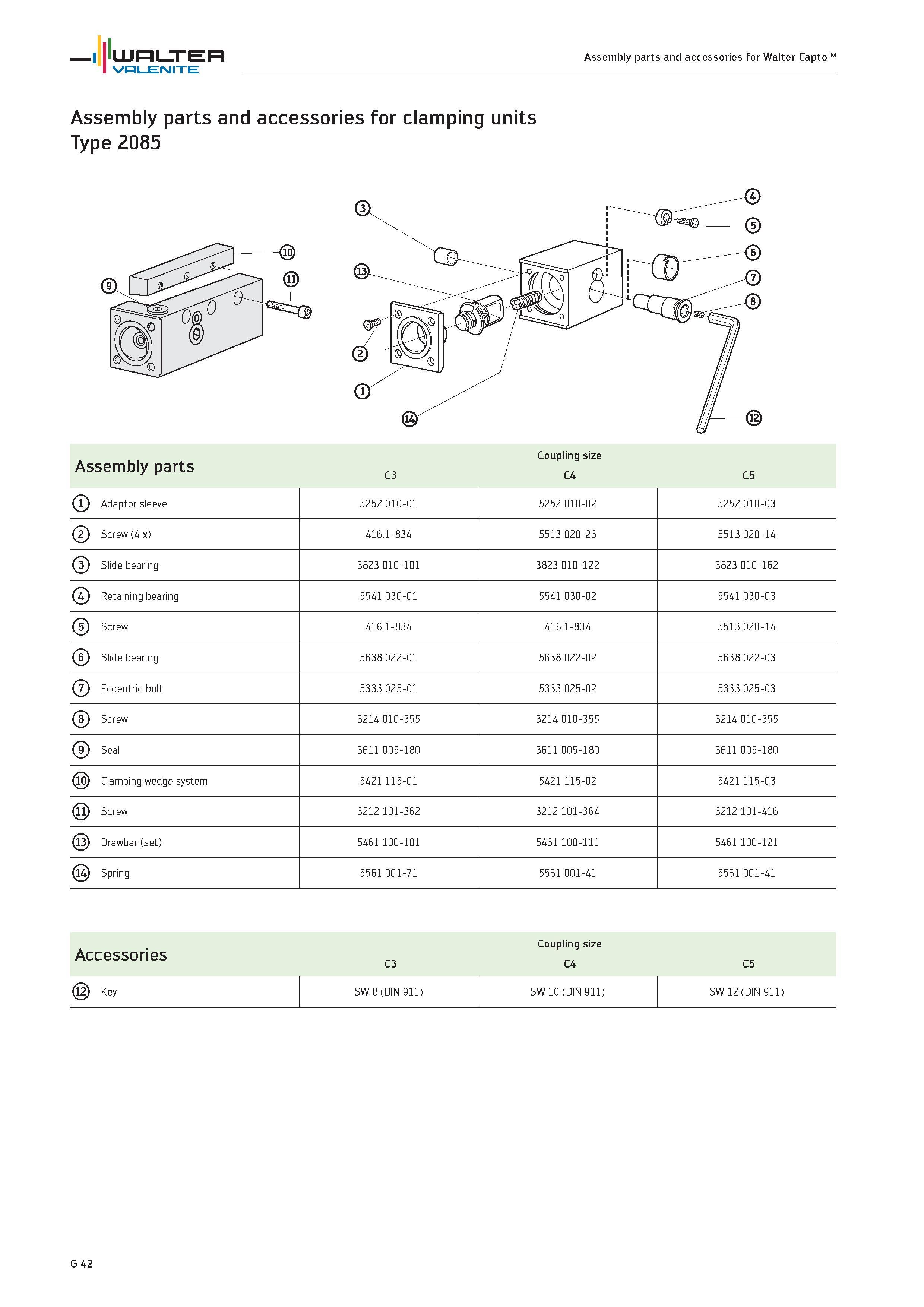 2424 WALTER Valenite Assembly parts and accessories for Walter Capto Assembly parts and accessories for clamping units Type 2085 Assembly parts Coupli Каталог WALTER 2012 Металлорежущий инструмент и инструментальная оснастка Valenite для станков и металлообрабатывающих комплексов Стр. G42