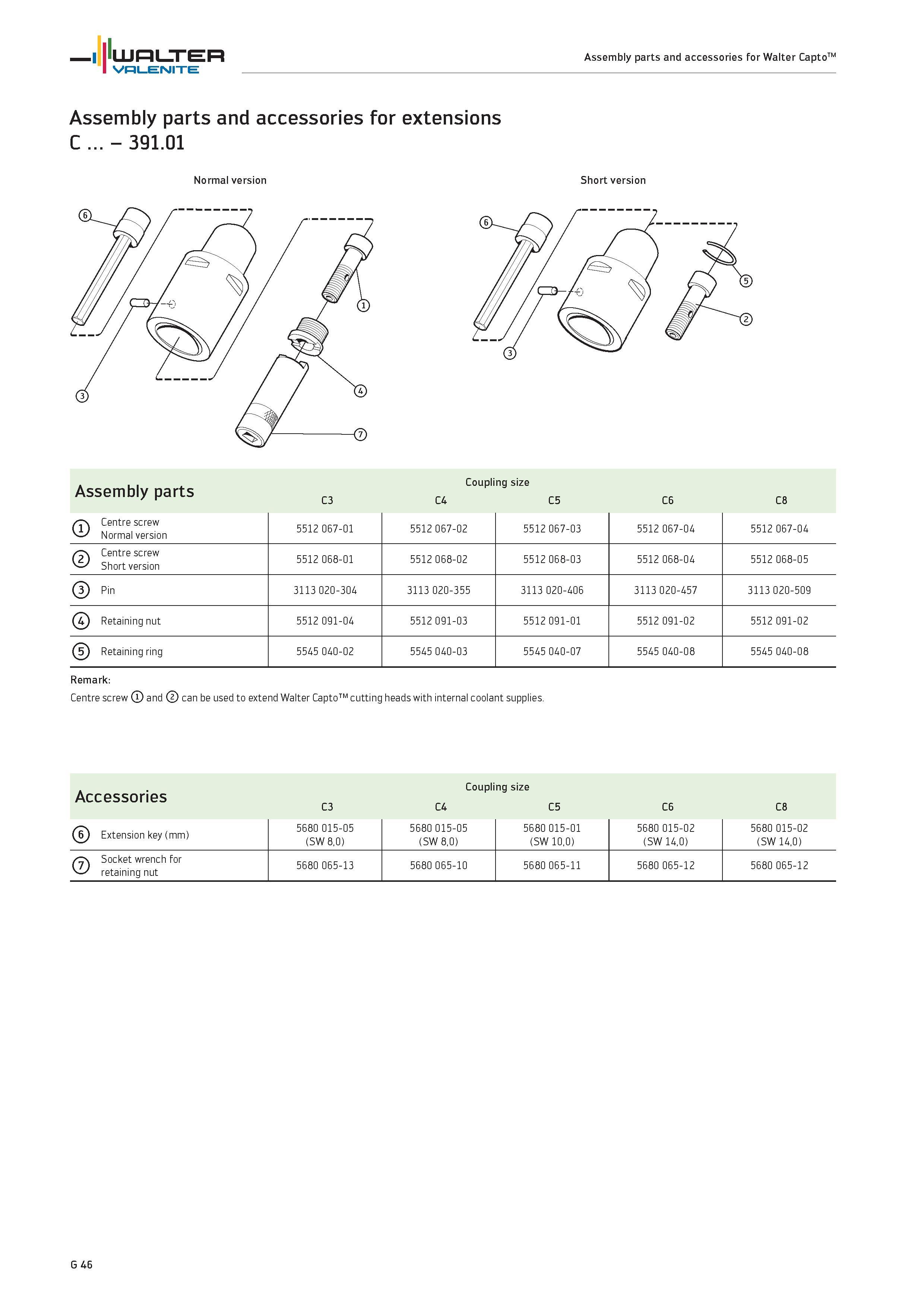 2428 WALTER Valenite Assembly parts and accessories for Walter CaptoTM Assembly parts and accessories for extensions C 391 01 Normal version Short ver Каталог WALTER 2012 Металлорежущий инструмент и инструментальная оснастка Valenite для станков и металлообрабатывающих комплексов Стр. G46