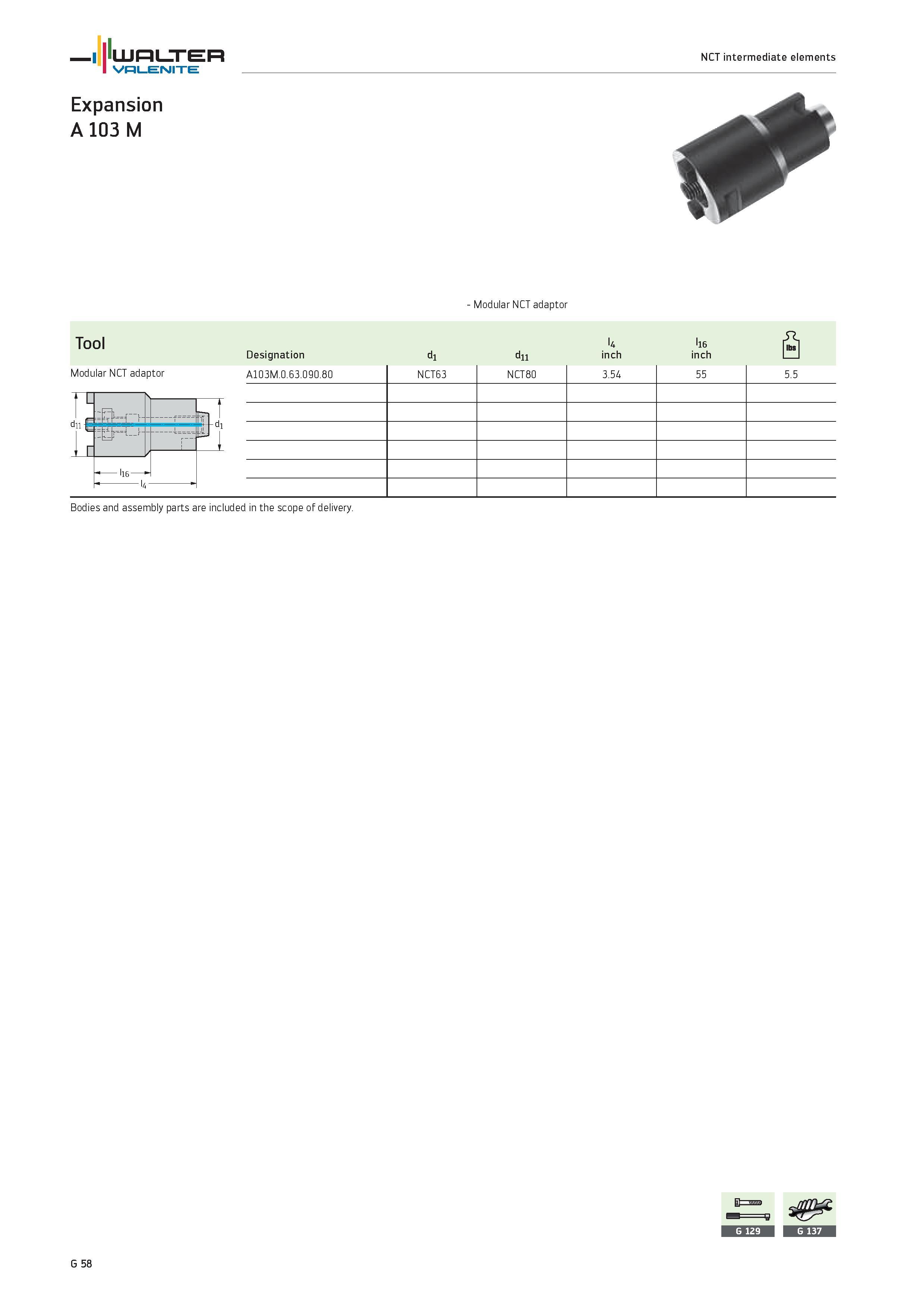 2440 WALTER Valenite NCT intermediate elements Expansion A 103 M Modular NCT adaptor Tool U l16 fibs Designation d1 d11 inch inch II Modular NCT adapt Каталог WALTER 2012 Металлорежущий инструмент и инструментальная оснастка Valenite для станков и металлообрабатывающих комплексов Стр. G58