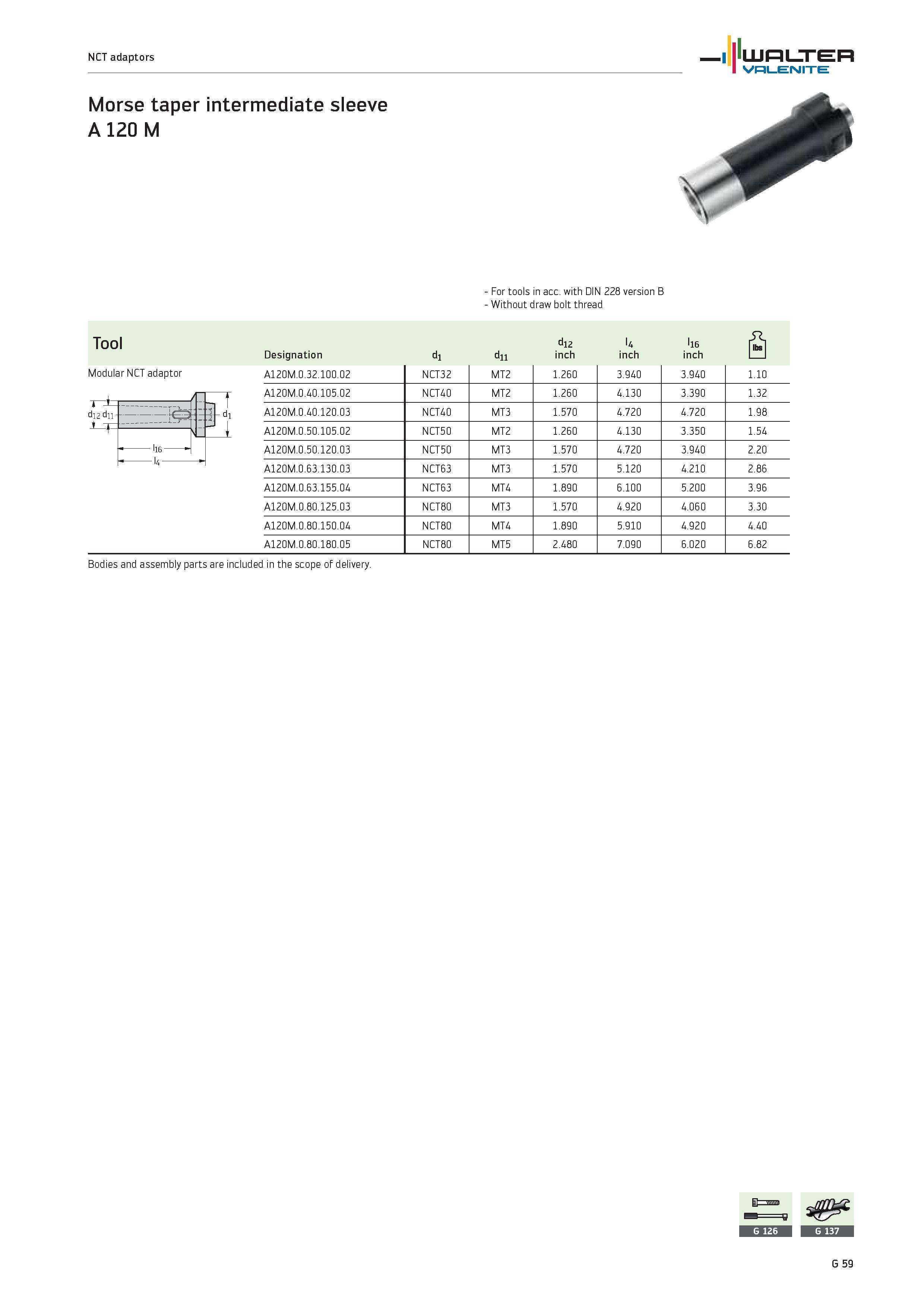 2441 NCT adaptors WALTER Valenite Morse taper intermediate sleeve A 120 M Modular NCT adaptor T -3= di2 dii J-T= ll6 l4- For tools in acc with DIN 228 Каталог WALTER 2012 Металлорежущий инструмент и инструментальная оснастка Valenite для станков и металлообрабатывающих комплексов Стр. G59