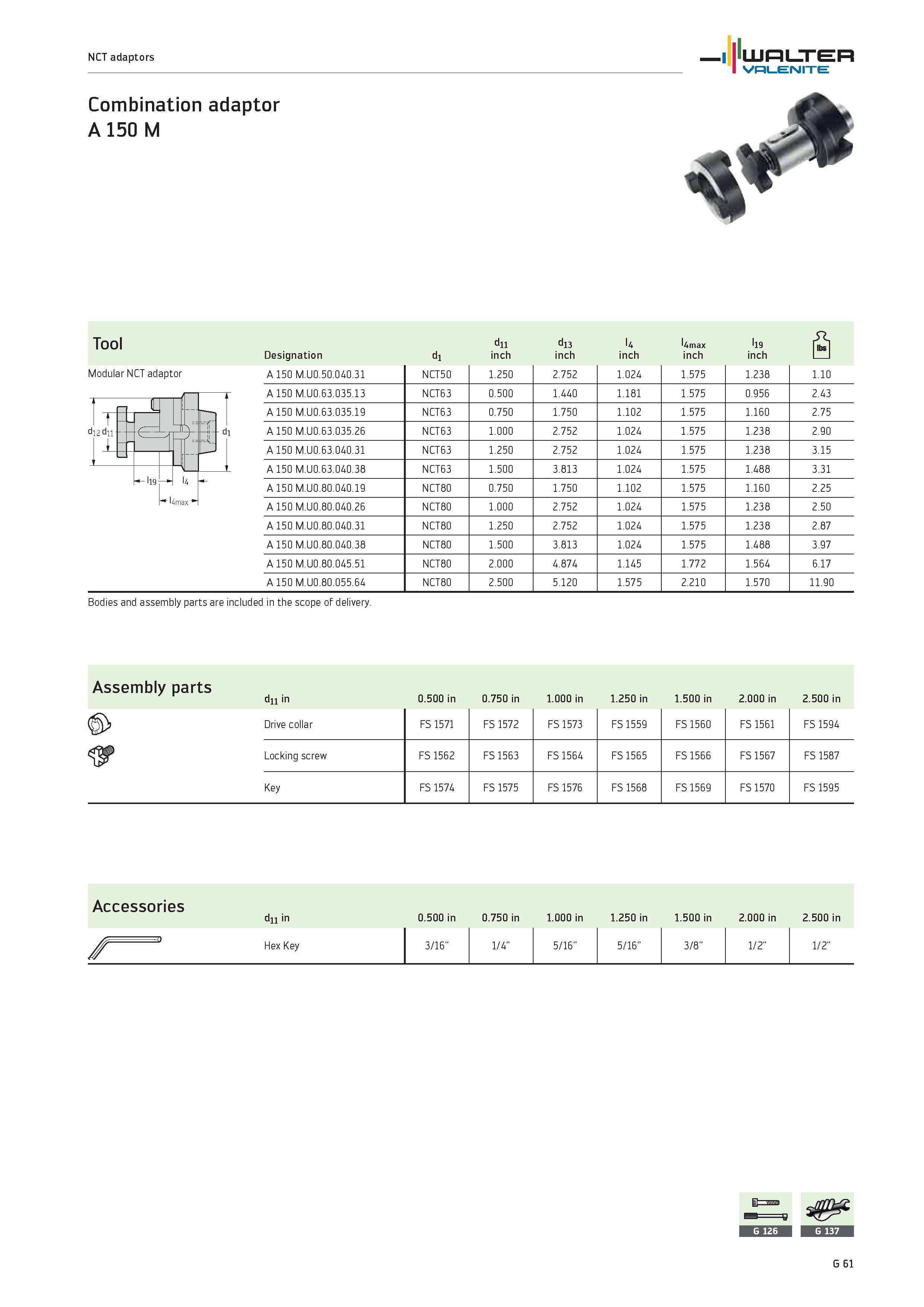 2443 NCT adaptors WALTER Valenite Combination adaptor A 150 M Tool d11 d13 U Umax l19 2l Designation d1 inch inch inch inch inch 1 1 Modular NCT adapt Каталог WALTER 2012 Металлорежущий инструмент и инструментальная оснастка Valenite для станков и металлообрабатывающих комплексов Стр. G61
