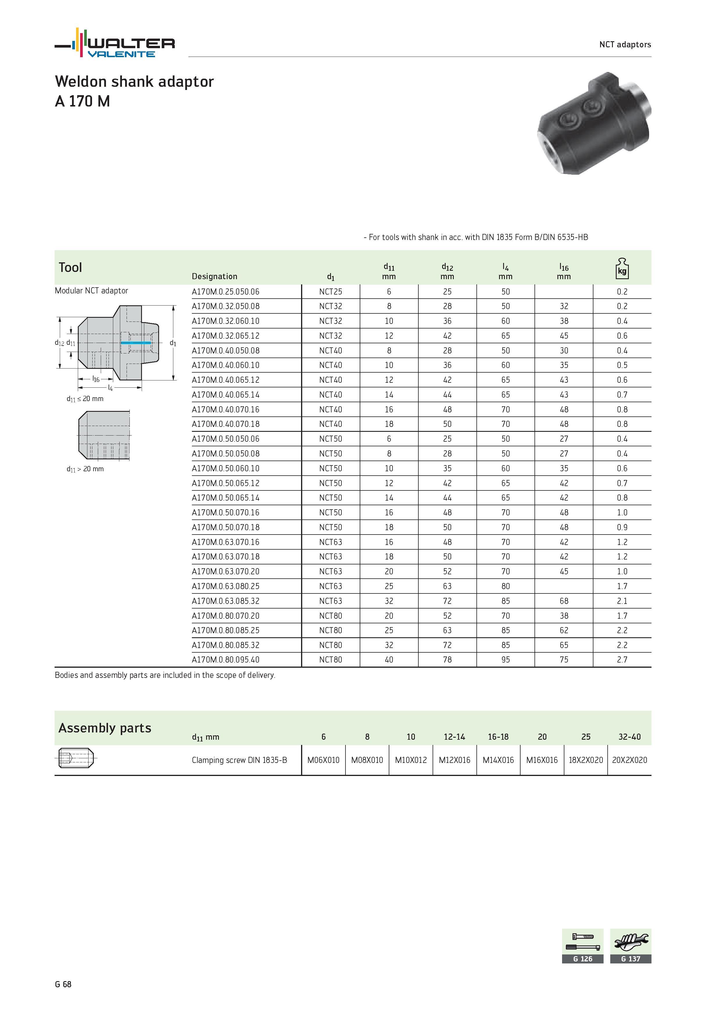 2450 WALTER Valenite Weldon shank adaptor A i70 M NCT adaptors For tools with shank in acc with DIN 1835 Form B/DIN 6535-HB Tool Modular NCT adaptor d Каталог WALTER 2012 Металлорежущий инструмент и инструментальная оснастка Valenite для станков и металлообрабатывающих комплексов Стр. G68
