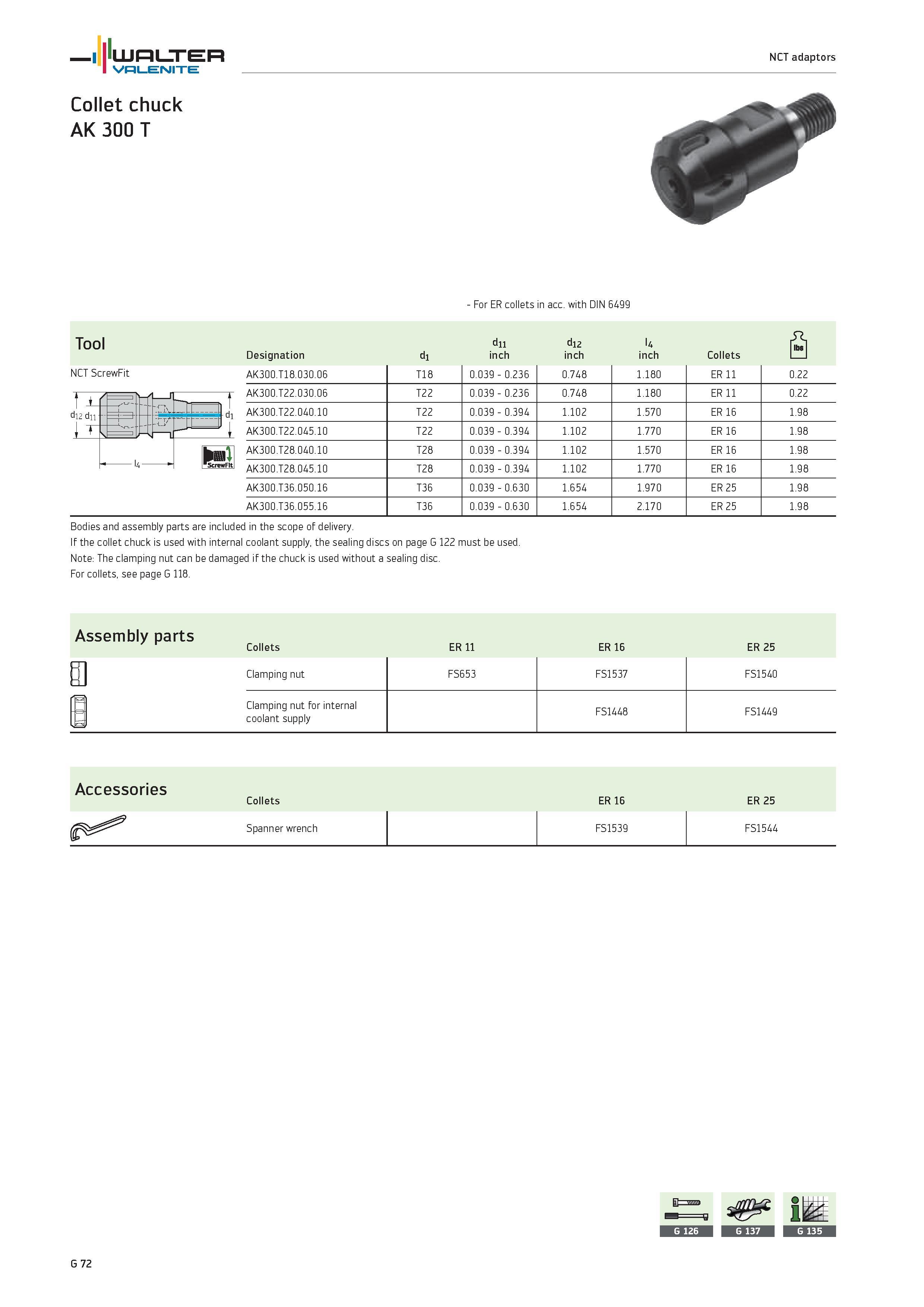 2454 WALTER Valenite NCT adaptors Collet chuck AK 300 T For ER collets in acc with DIN 6499 Tool dii di2 l4 Designation di inch inch inch Collets 1 1 Каталог WALTER 2012 Металлорежущий инструмент и инструментальная оснастка Valenite для станков и металлообрабатывающих комплексов Стр. G72