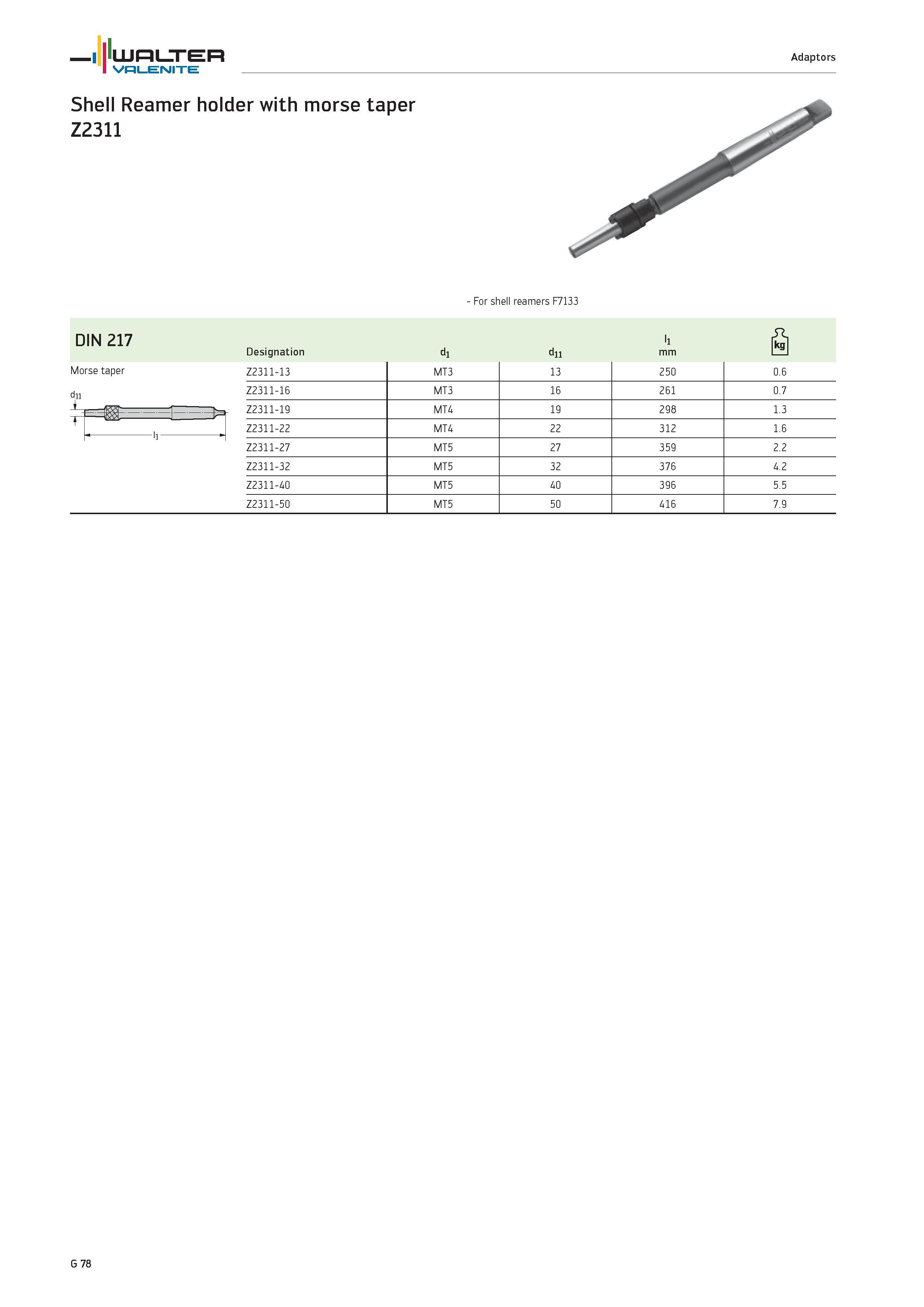 2460 WALTER Valenite Adaptors Shell Reamer holder with morse taper Z23ii For shell reamers F7133 DIN 2i7 Designation di dii li mm S Morse taper d Z231 Каталог WALTER 2012 Металлорежущий инструмент и инструментальная оснастка Valenite для станков и металлообрабатывающих комплексов Стр. G78