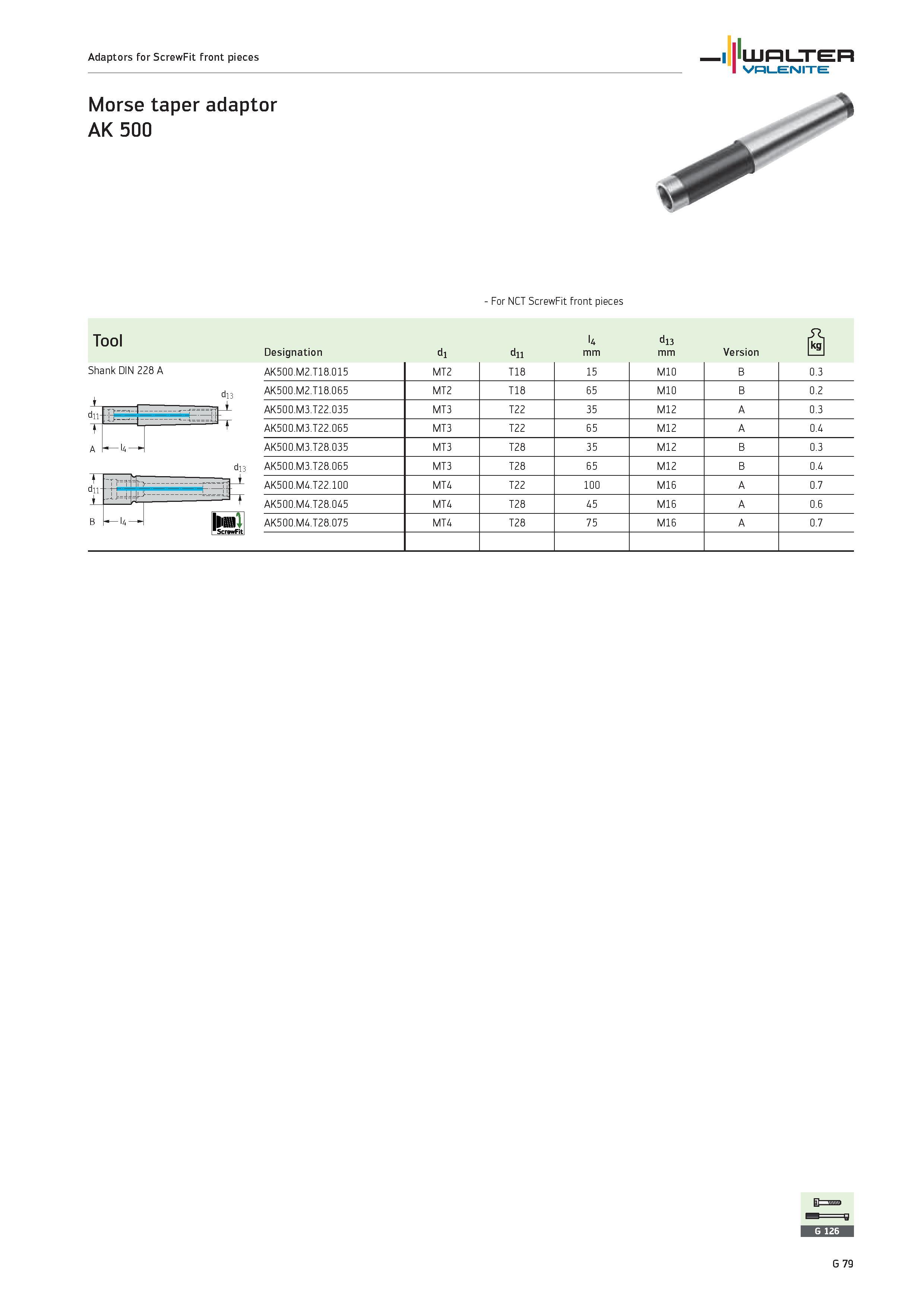 2461 - For NCT ScrewFit front pieces Tool Designation dl dll l4 mm d13 mm Version 8 Sha i nk DIN 228 A di 1 AK500 M2 T18 015 MT2 T18 15 M10 B 0 3 AK50 Каталог WALTER 2012 Металлорежущий инструмент и инструментальная оснастка Valenite для станков и металлообрабатывающих комплексов Стр. G79