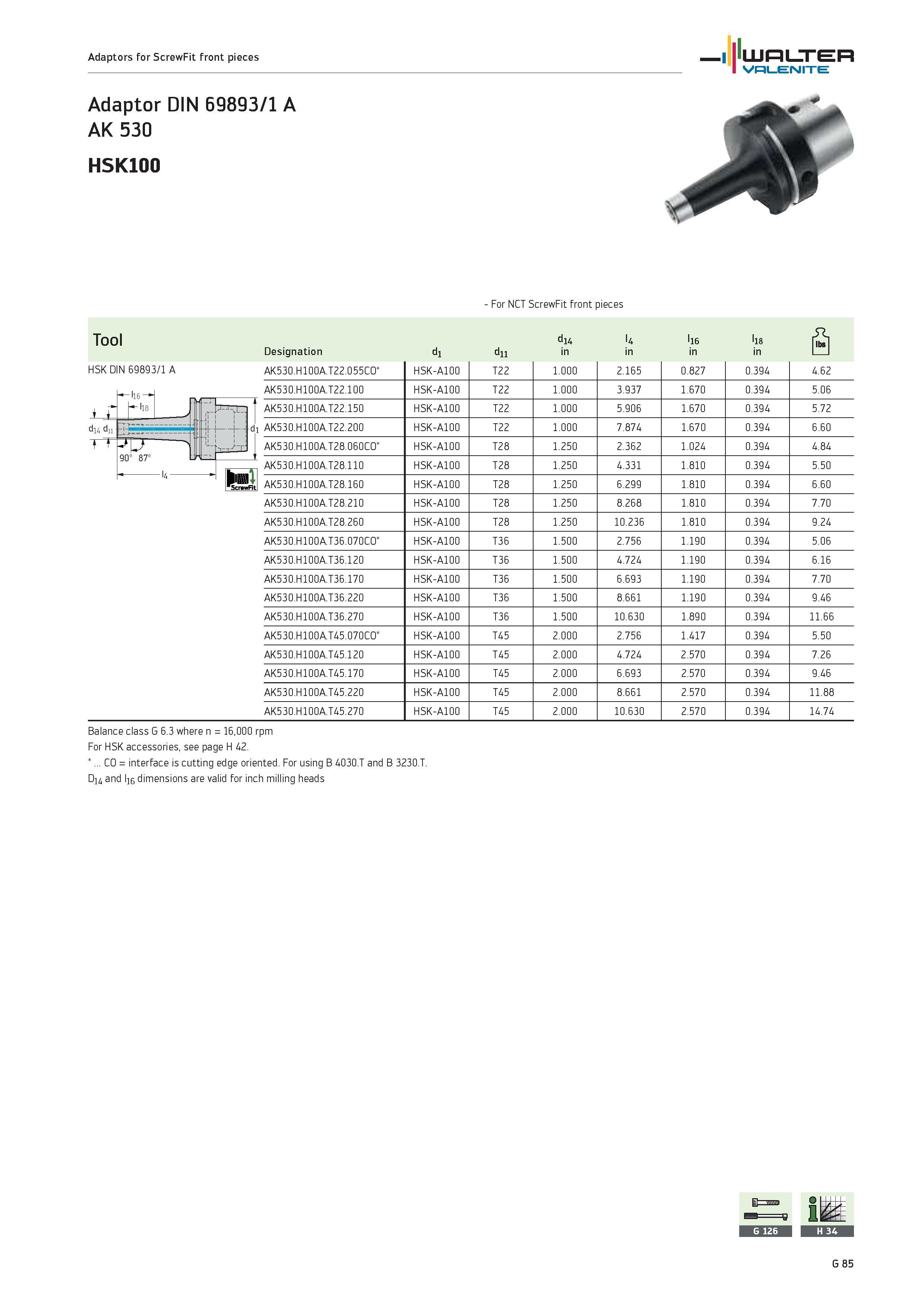 2467 Adaptors for ScrewFit front pieces WALTER Valenite Adaptor DIN 69893/iA AK 530 HSK100 For NCT ScrewFit front pieces Tool di4 l4 li6 li8 Designati Каталог WALTER 2012 Металлорежущий инструмент и инструментальная оснастка Valenite для станков и металлообрабатывающих комплексов Стр. G85