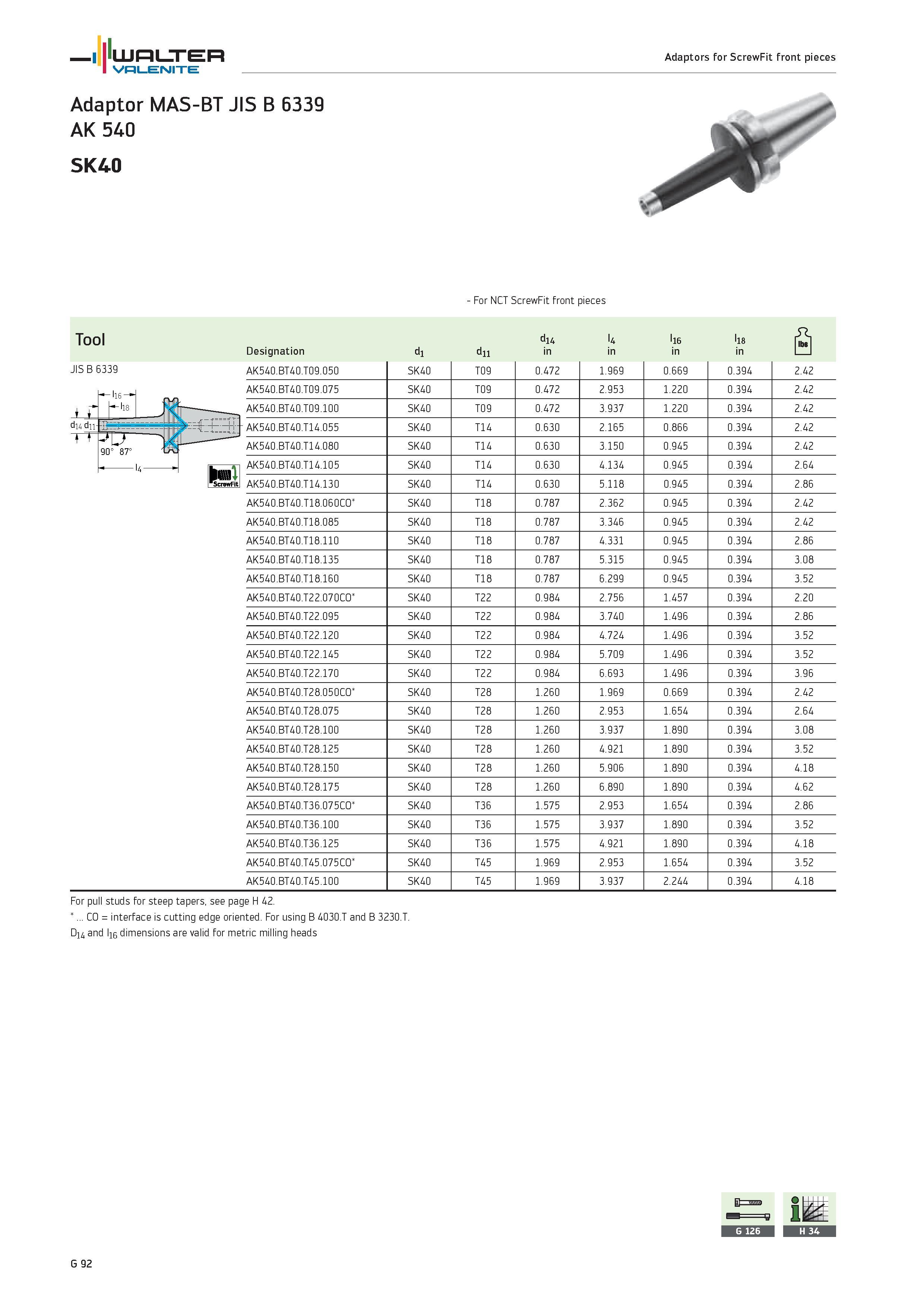 2474 WALTER Valenite Adaptors for ScrewFit front pieces Adaptor MAS-BT JIS B 6339 AK 540 SK40 For NCT ScrewFit front pieces Tool JIS B 6339 di4 dii- d Каталог WALTER 2012 Металлорежущий инструмент и инструментальная оснастка Valenite для станков и металлообрабатывающих комплексов Стр. G92