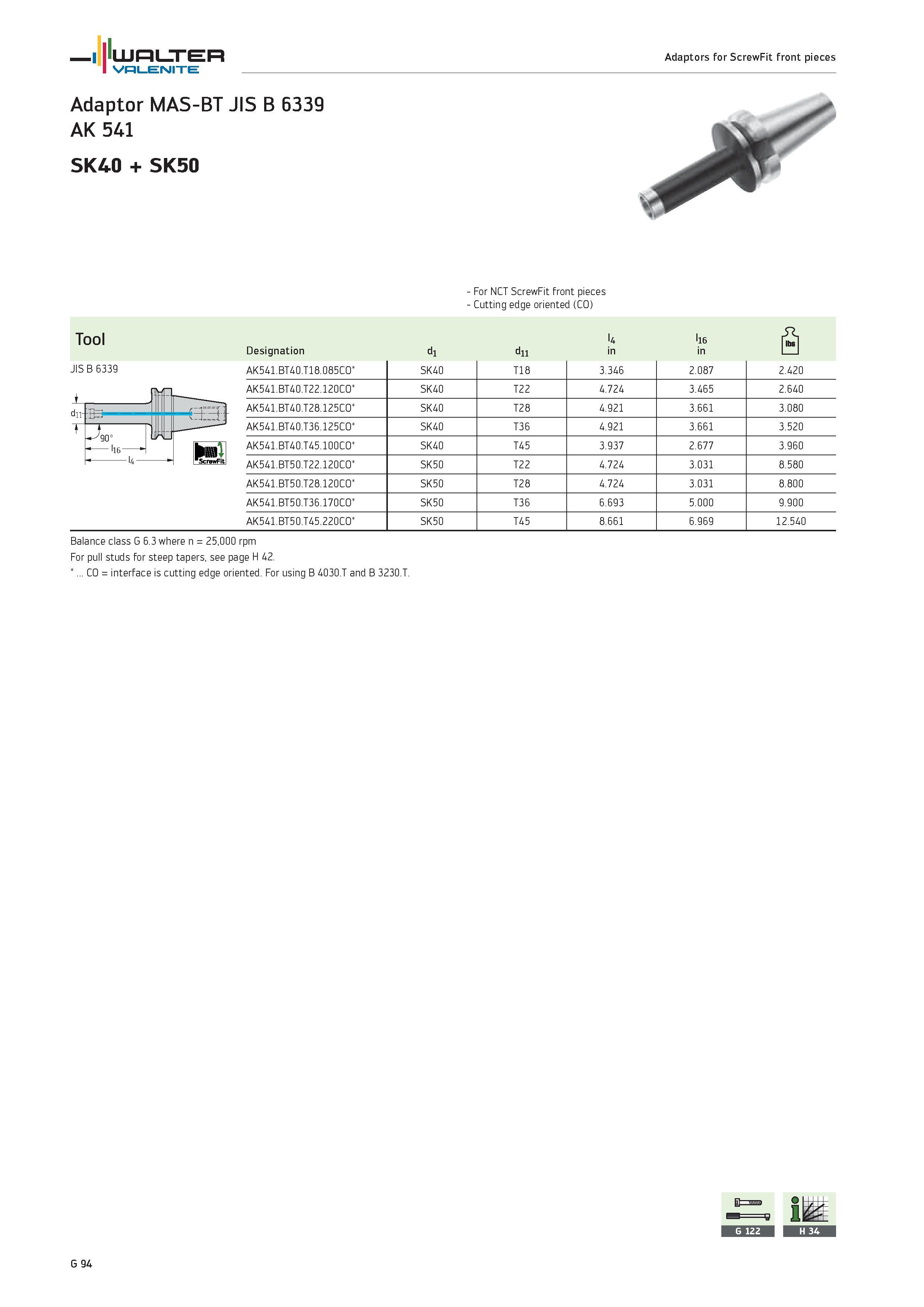 2476 WALTER Valenite Adaptors for ScrewFit front pieces Adaptor MAS-BT JIS B 6339 AK 54i SK40 + SK50 JIS B 6339 For NCT ScrewFit front pieces Cutting Каталог WALTER 2012 Металлорежущий инструмент и инструментальная оснастка Valenite для станков и металлообрабатывающих комплексов Стр. G94